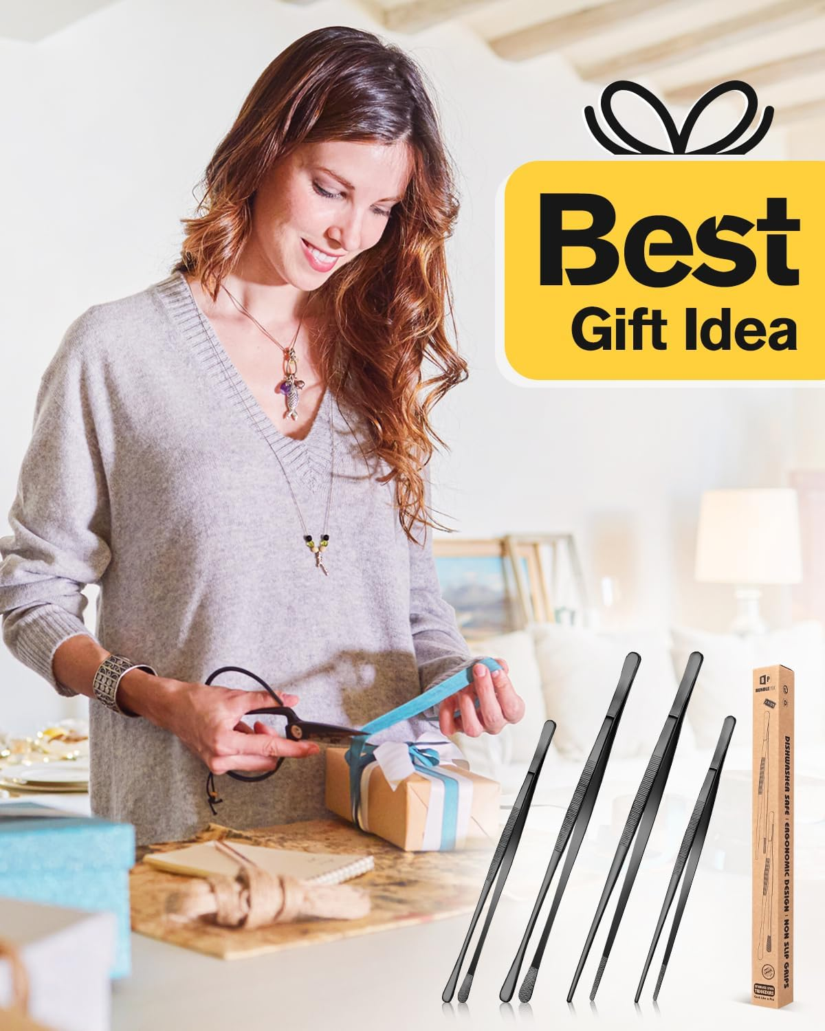 4 Pcs Kitchen Fine Tweezer Tongs, 12'' and 10'' Stainless Steel Food Tweezers Set, Professional Kitchen Long Tweezer for Cooking, Repairing, Sea Food and BBQ (BLACK) image number 4