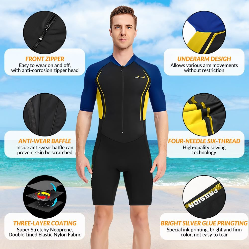 WOTOW Men&rsquo;S Shorty Wetsuit, 1.5Mm Neoprene Diving Suits Front Zip Short Sleeve Wet Suit for Surfing Diving Swimming Snorkeling Kayaking