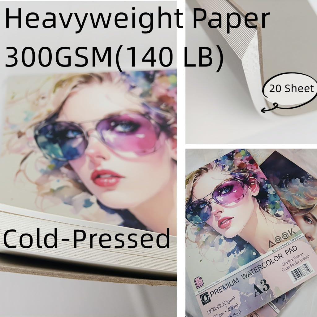 AOOK A3 Watercolor Paper Pad, Watercolor Painting Paper, 11.69X16.53 "(140Lb/300Gsm) 20 Sheet Mixed Paper Mat, Top Packaging, Fine Texture, Suitable for Watercolor, Watercolor, and Acrylic Art Mats. (1PCS) image number 2