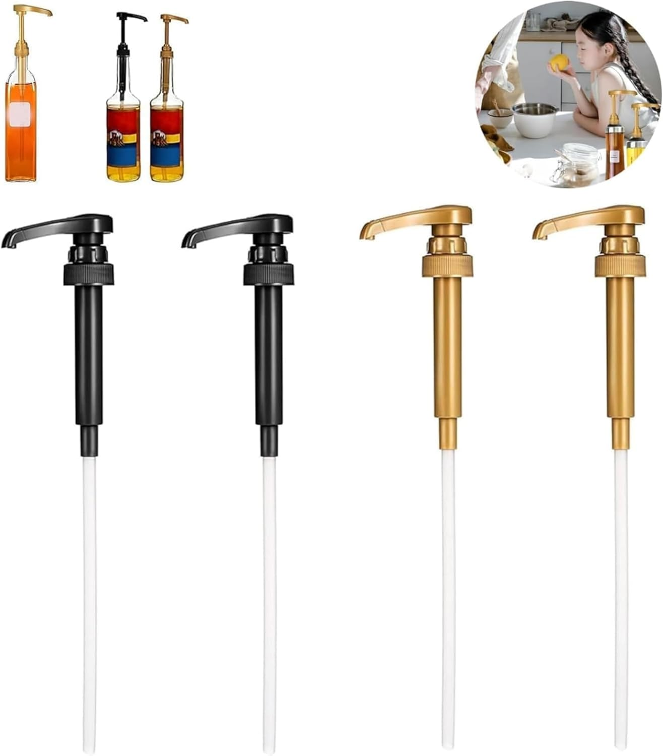 MIZOXY 4Pcs Coffee Syrup Dispenser Pump - Hand Soap Pump Replacement Pump Milk Bottle Pump Cherry Syrup Dispenser Pump Juice Bottle Kitchen Sink Soap Dispenser Pump (Black&Glod) image number 4