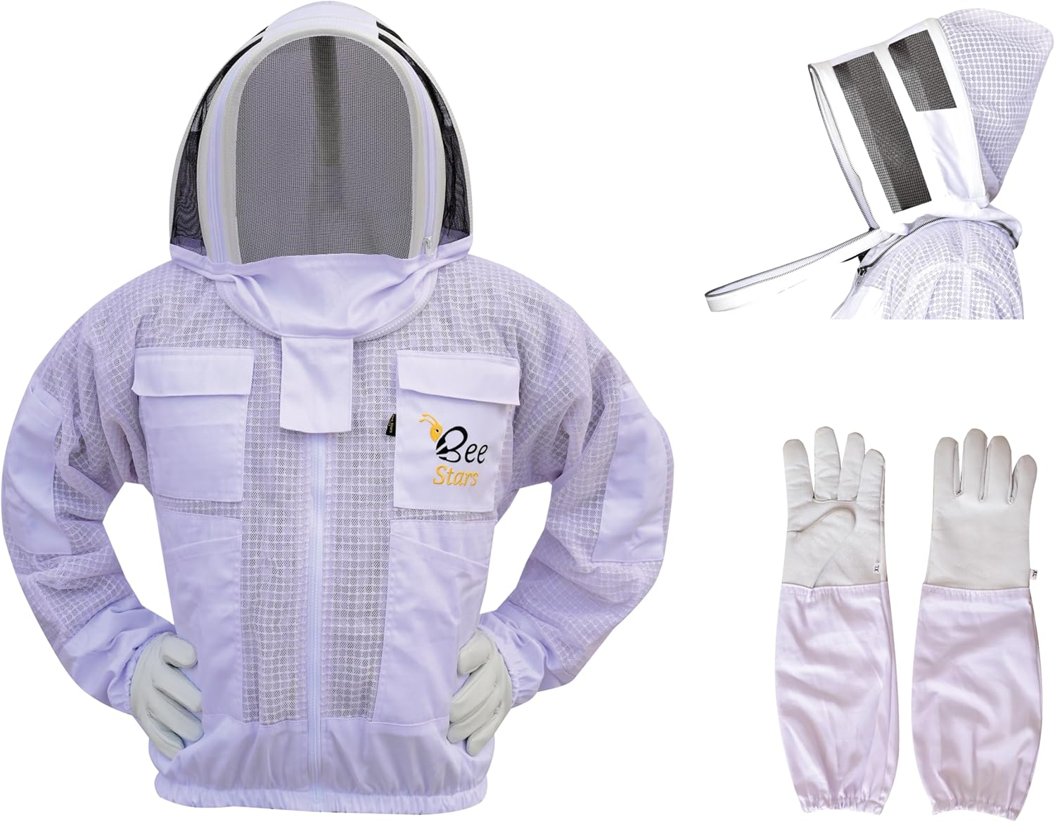 3 Layer Bee Jacket with Fencing Veil and One Pair Gloves Ventilated Sting Proof Beekeeping Jacket for Beekeepers