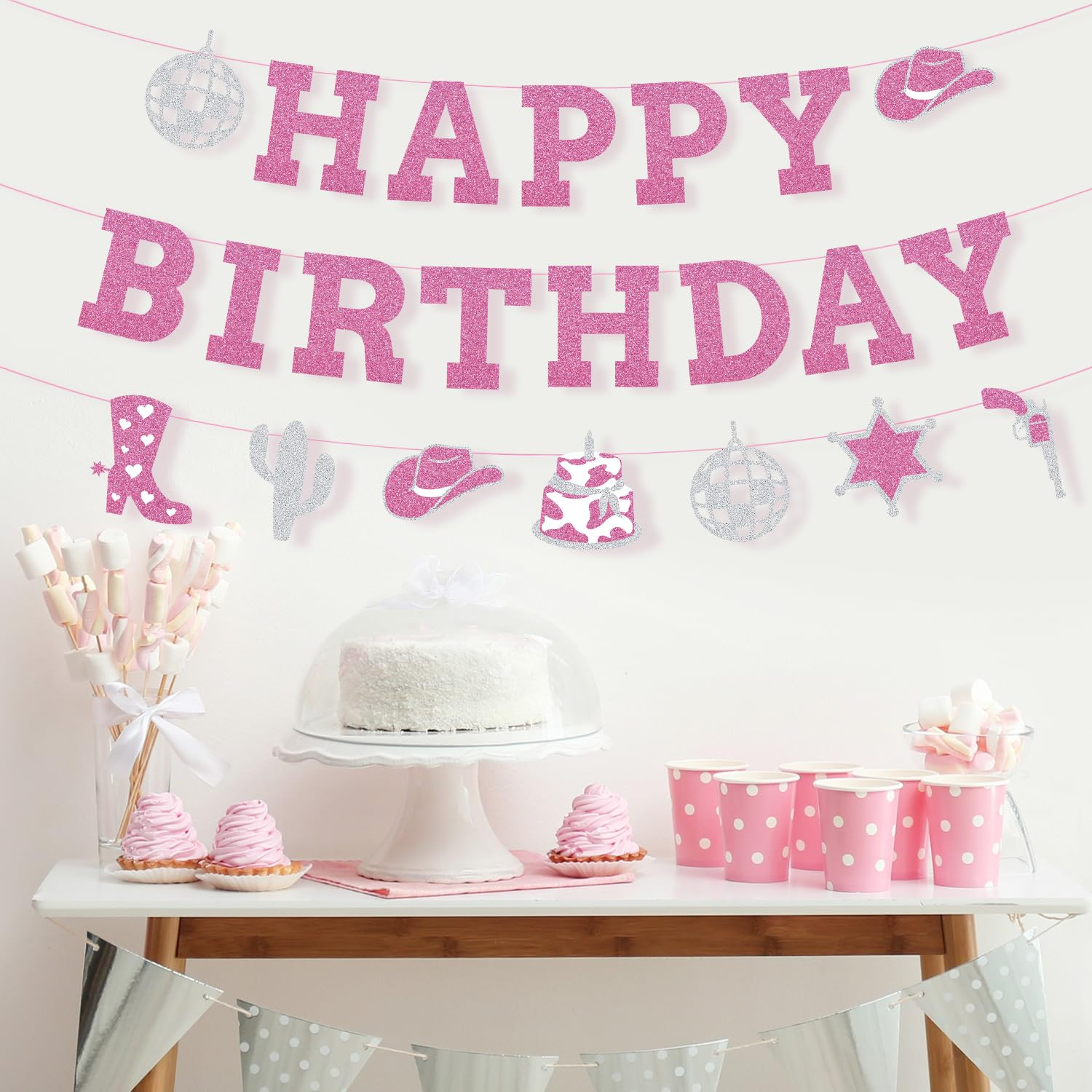 Western Cowgirl Happy Birthday Banner, Glitter Cowgirl Birthday Banner Disco Cowgirl Happy Birthday Banner Easy to Use Perfect Birthday Celebration Decorations image number 1