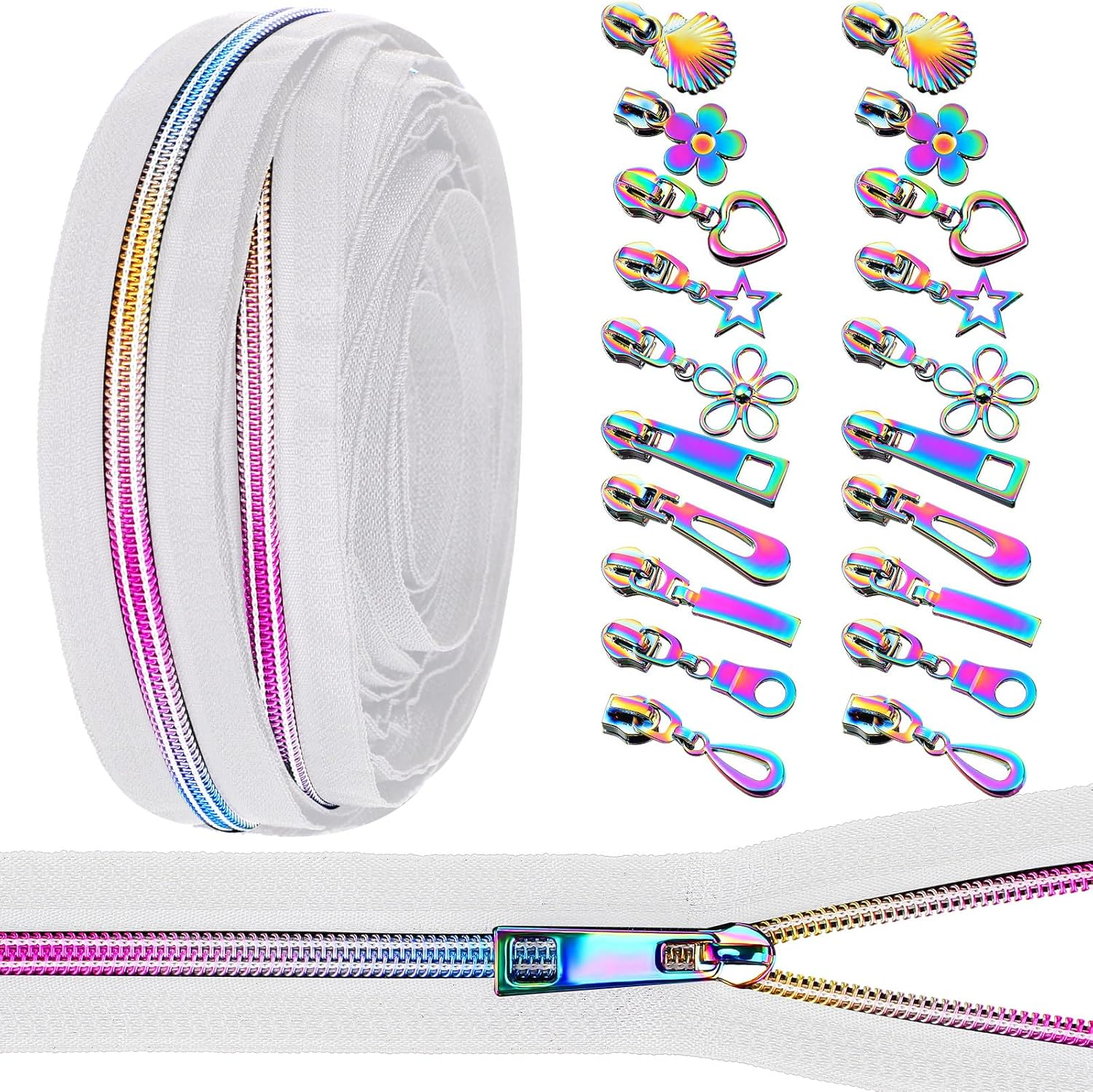Zeyune #5 Rainbow Zipper Tape by the Yard 10 Yards Rainbow Teeth Nylon Zipper with 20 Pcs Colorful Metal Slider Pulls (10 Styles) for DIY Sewing Tailor Crafts (White)