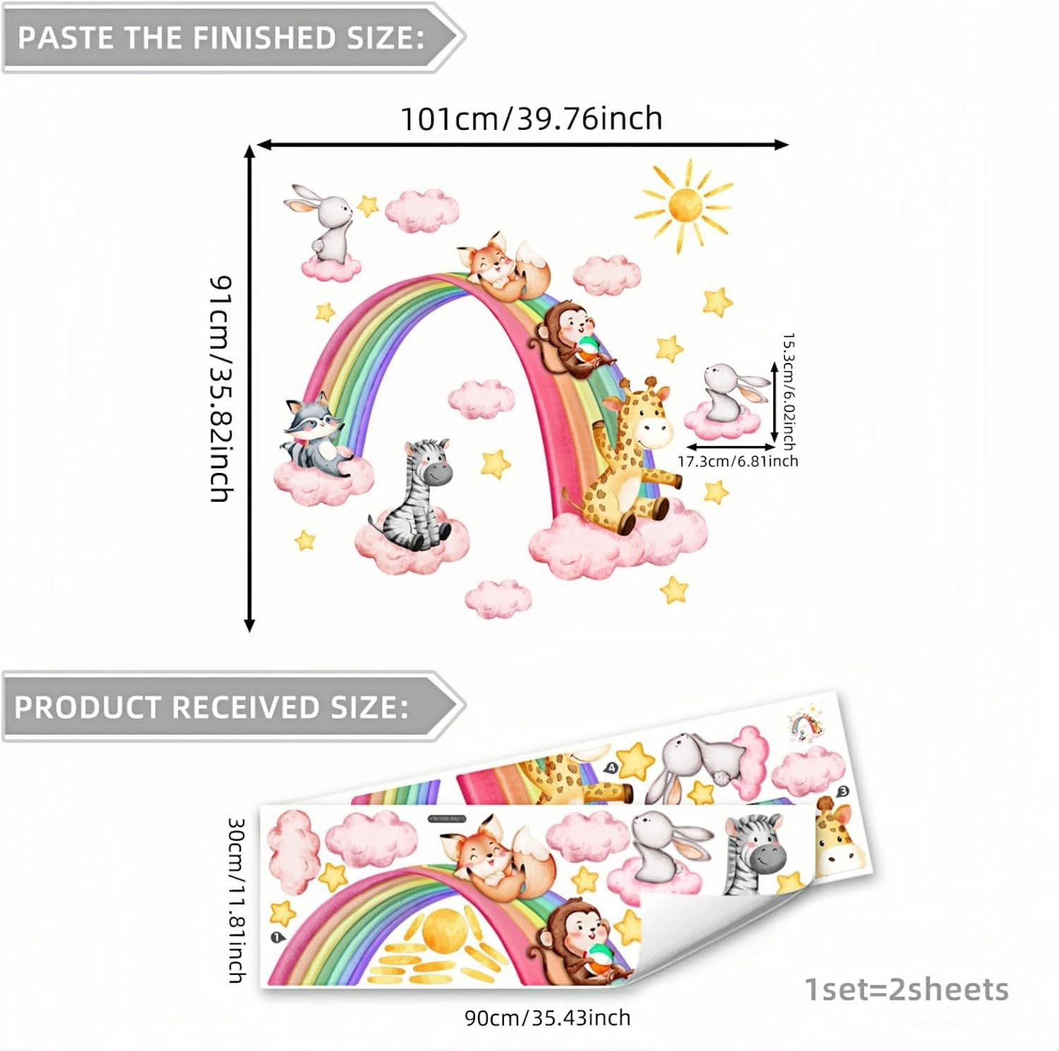 Large Rainbow Wall Stickers Jungle Animals Wall Decals, Kids Baby Girl Sun Cloud Wall Stickers for Bedroom Living Room Classroom Decor Colorful