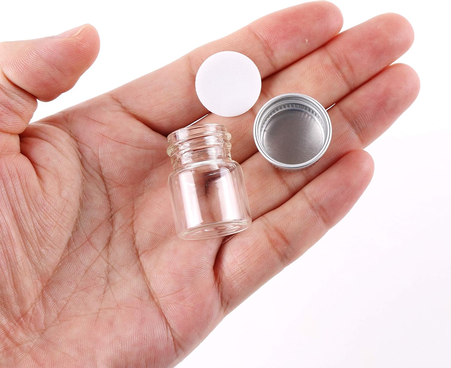 Maxmau 100 Sets Small Glass Bottles with Aluminum Cap Screw Top Lids 5 Milliliter Tiny Vials DIY Art Craft Storage image number 1