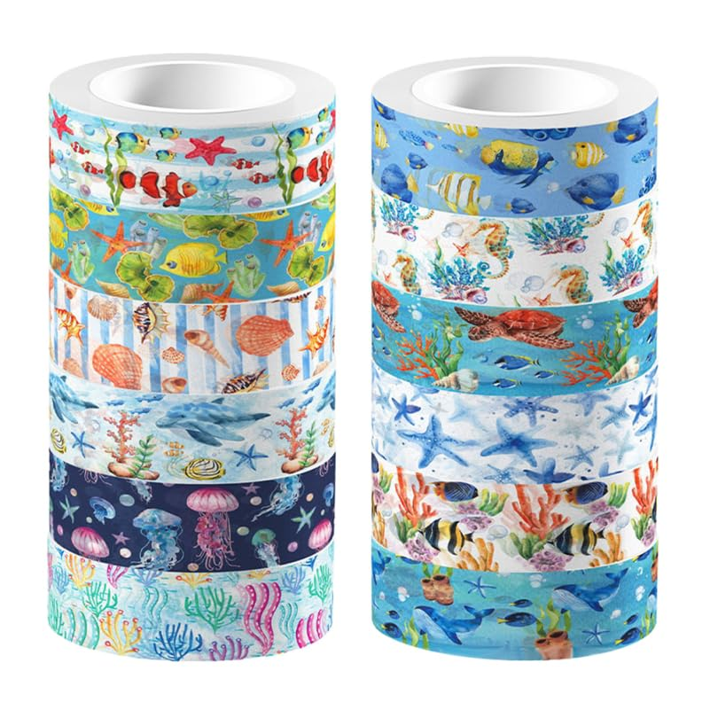 STOBOK Washi Tape Ocean Animal Theme - 12 Rolls, Scrapbook Supplies Paper Stickers Stickers for Scrapbooking Journals DIY Crafts Notebook Collage Album Aesthetic Picture Frames image number 5
