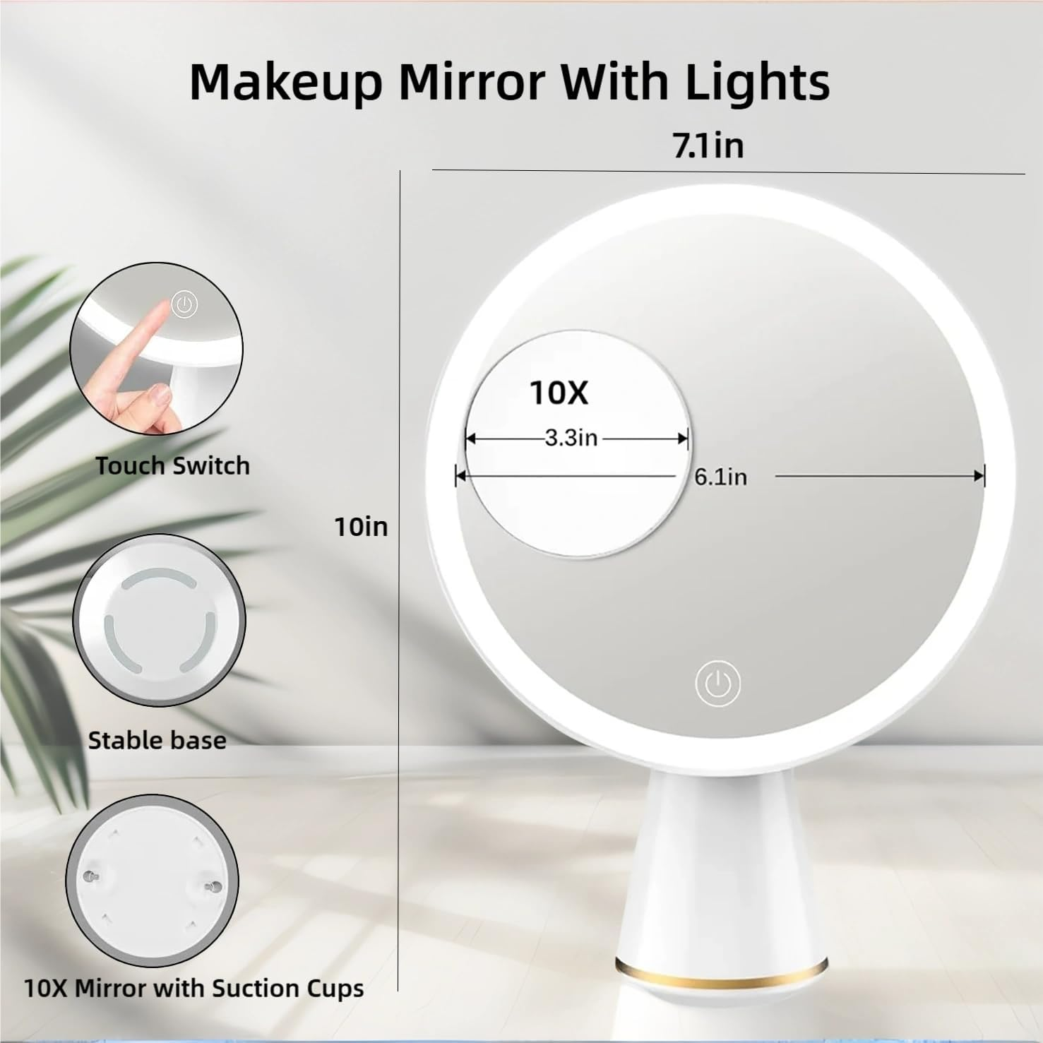 Magnifying Mirror 10X /1X with LED Lights,Rechargeable Makeup Mirror,7 Inch Makeup Mirror with Lights,360&deg; Rotation, 3 Level Brightness Adjustable,Touch Sensor Dimming,Portable Travel Make up Mirror.