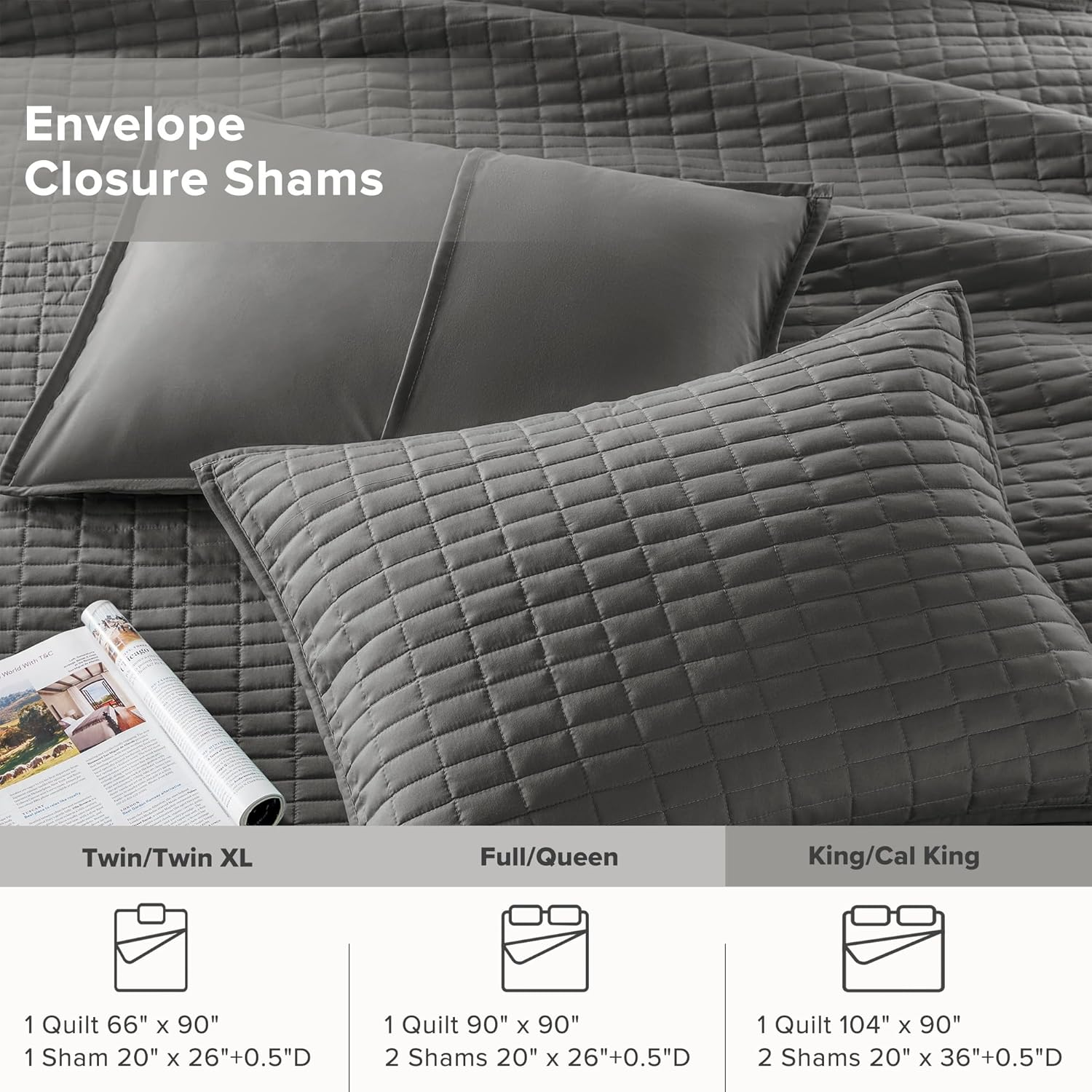 Comfort Spaces Kienna Quilt Set-Luxury Double Sided Stitching Design Summer Blanket, Lightweight, Soft, All Season Bedding Layer, Matching Sham, Charcoal Grey, Coverlet King (104"X90") 3 Piece