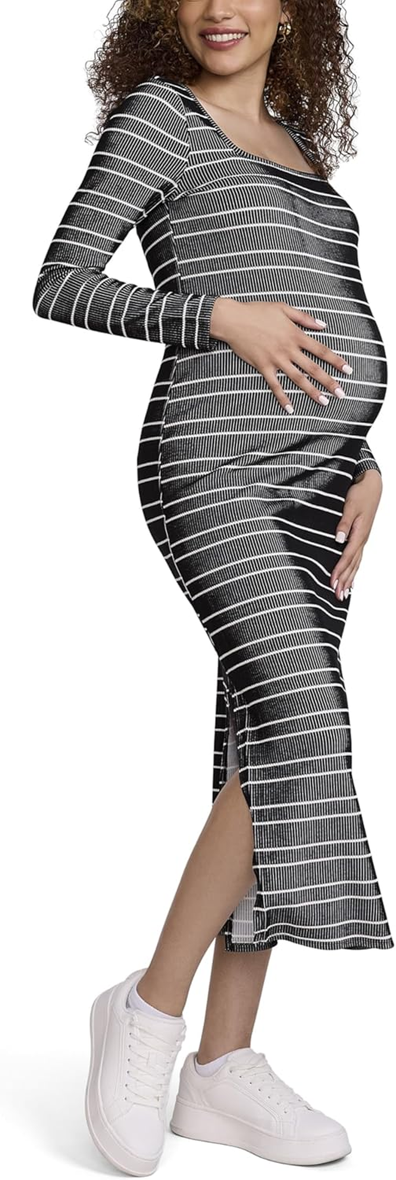 Motherhood Maternity Women'S Long Sleeve Ribbed Square Neck Bodycon Casual Pregnancy Dress