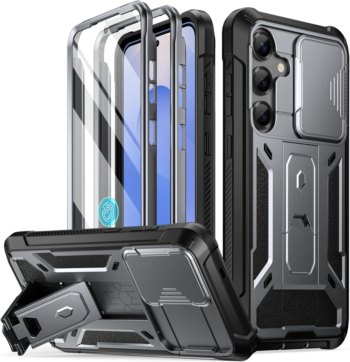 Poetic Spartan Case for Galaxy S25+ plus 6.7", [Slide Camera Cover] [Screen Protector Works with Fingerprint Id]Military Grade Rugged Shockproof S25 plus Phone Case with Kickstand, Metallic Gun Metal