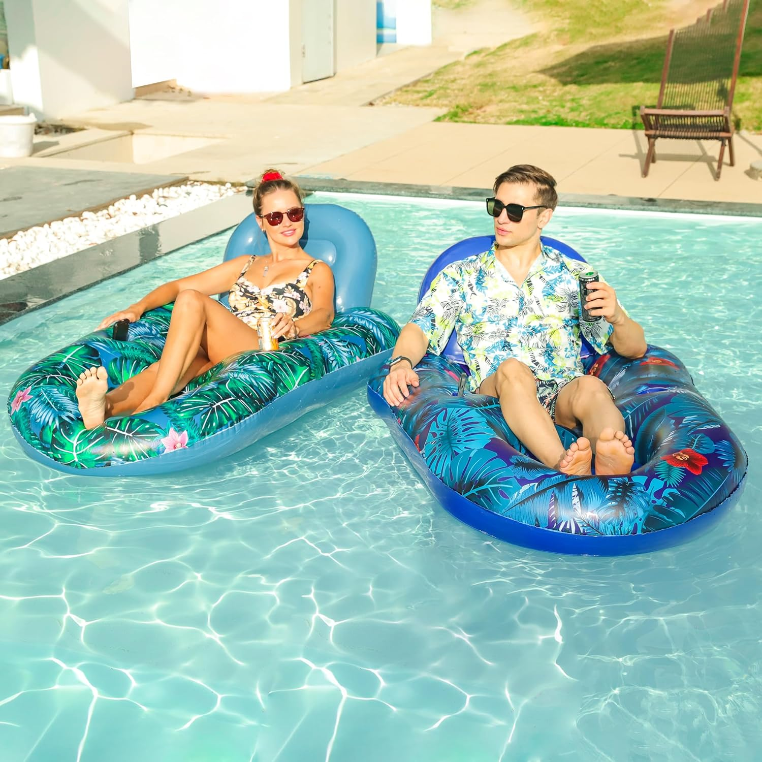 Finduwill Pool Floats Chairs Adult - 2 Pack 65'' X 42'' Large Pool Float Chairs, Inflatable Pool Lounger with Cup Phone Holder, Backrest, Footrest, Tanning Pool Lounge image number 6