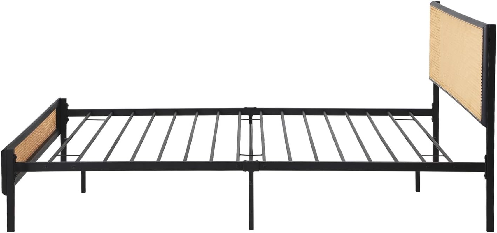 Oikiture Single Bed Base with Rattan Headboard and Steel Slat Single Bed Frame Mattress Platform Black image number 2