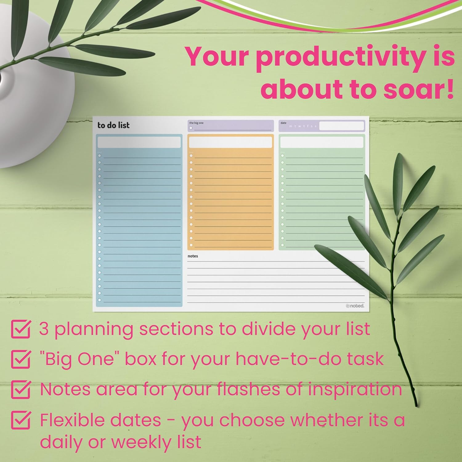 Noted A4 to Do List Pad &ndash; 52 Sheet Daily Todo Planner &ndash; 3 Section Undated Desk Organiser by &ndash; 29X21Cm - for Work Tasks, Study Revision and Home Planning &ndash; Colourful 100Gsm Paper image number 2