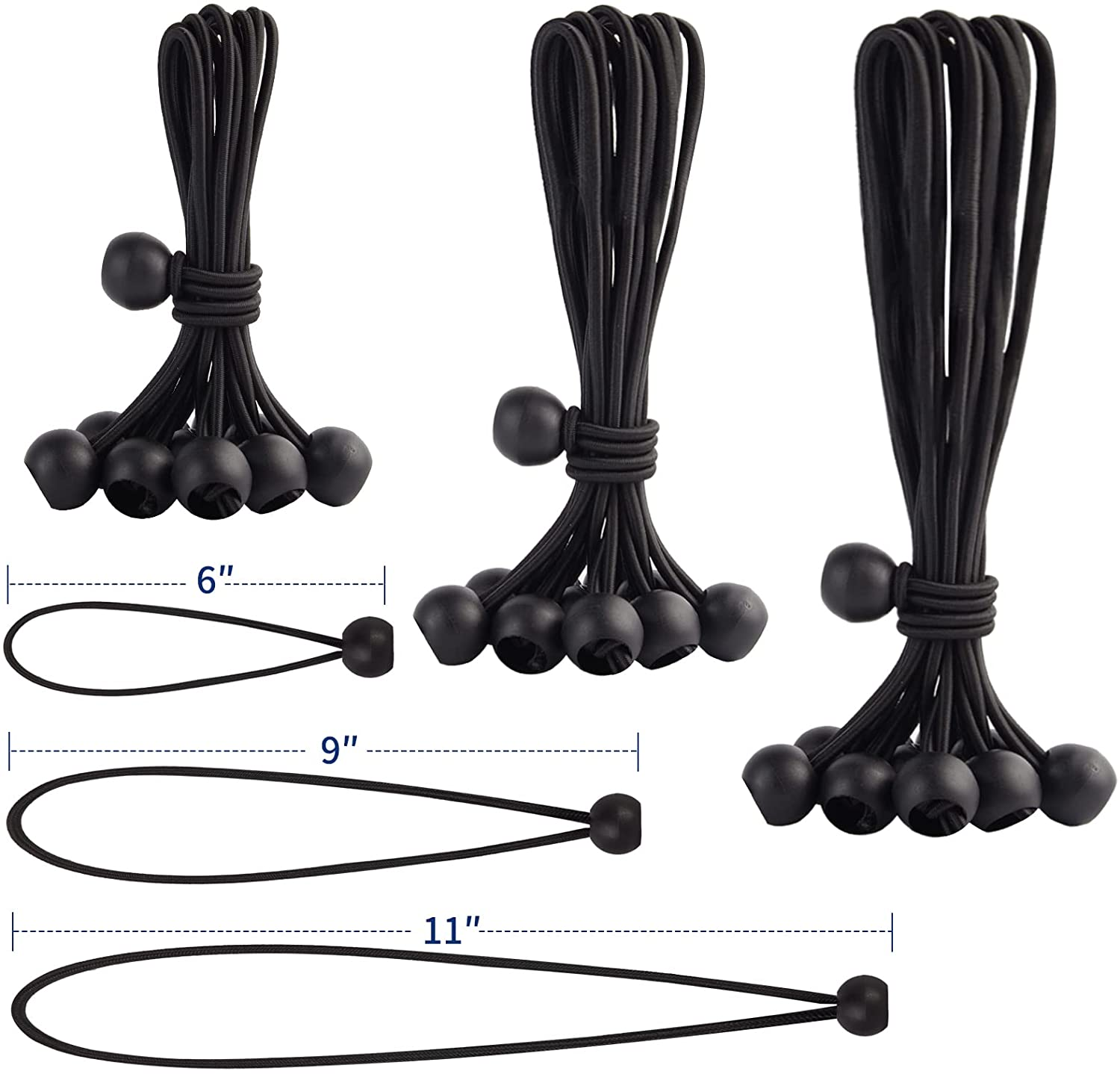 30PCS of 3 Sizes Ball Bungee Cords, 6, 9, 11 Inch Tarp Canopy Bungee Balls, Heavy Duty Tie down Cord for Shelter, Gazebo, Camping, Tent, Cargo, Holding Wire and Hoses, Patio Umbrellas, Awning image number 5