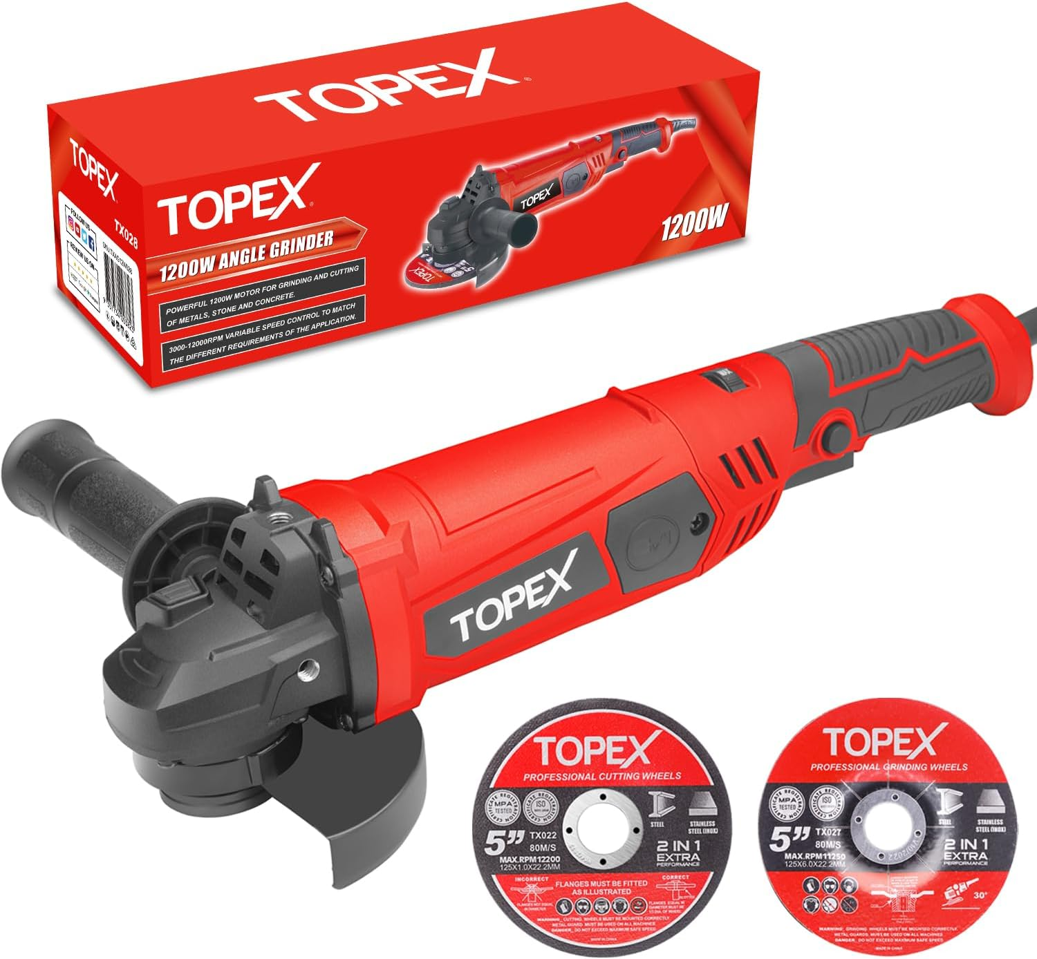 TOPEX 1200W Angle Grinder Heavy Duty 125Mm 5" Angle Grinder W/Auxiliary Handle
