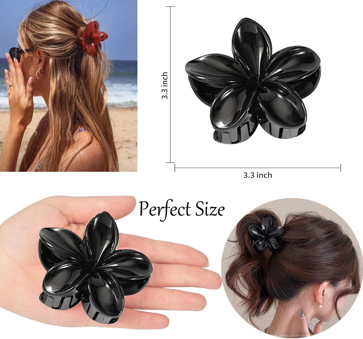Flower Hair Claw Clamp for Women Large Hawaiian Flower Clip for Thin Thick Curly Hair (Black, White, Red)