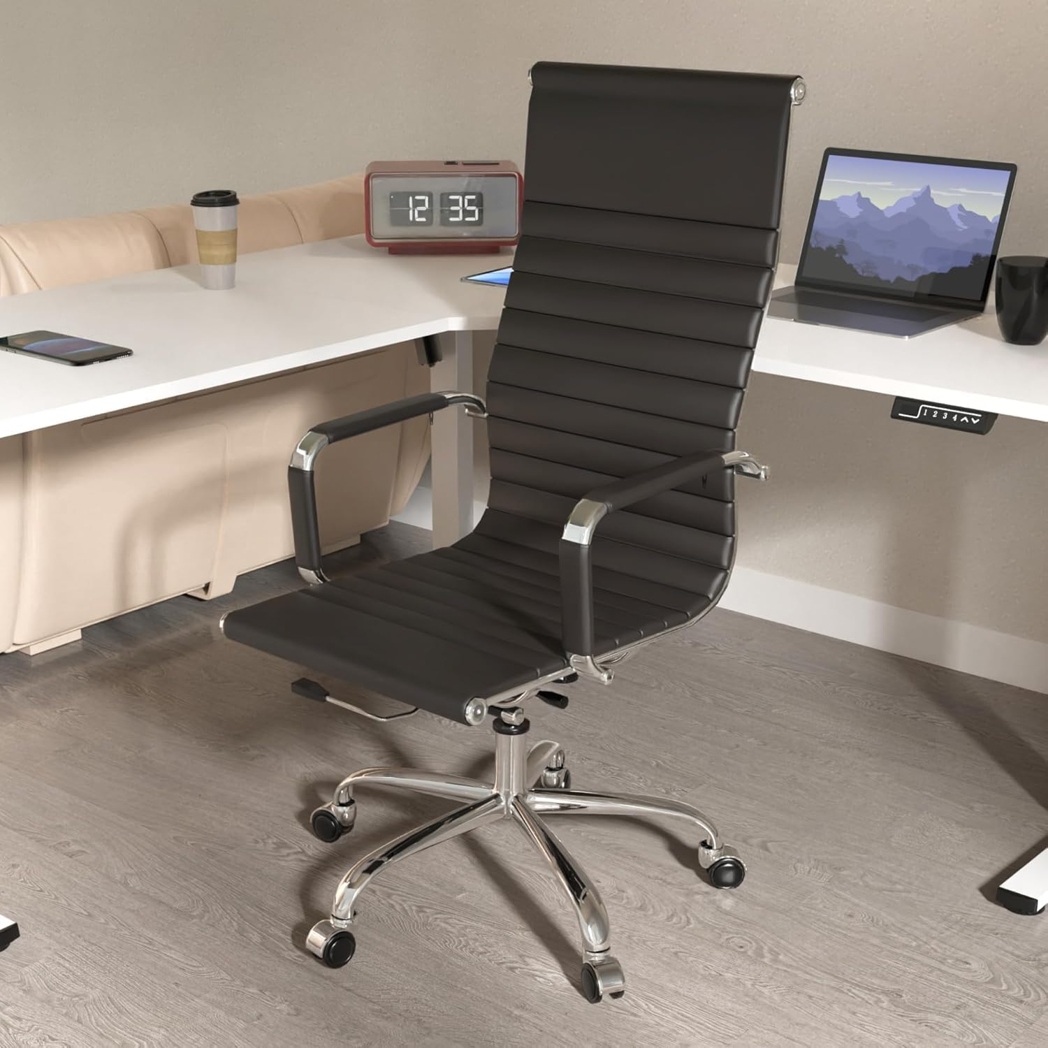 Ergonomic Office Desk Chair, Leather Modern Conference Room Chairs, Executive Ribbed Height Adjustable Swivel Rolling Chair for Home Office (Black) image number 5