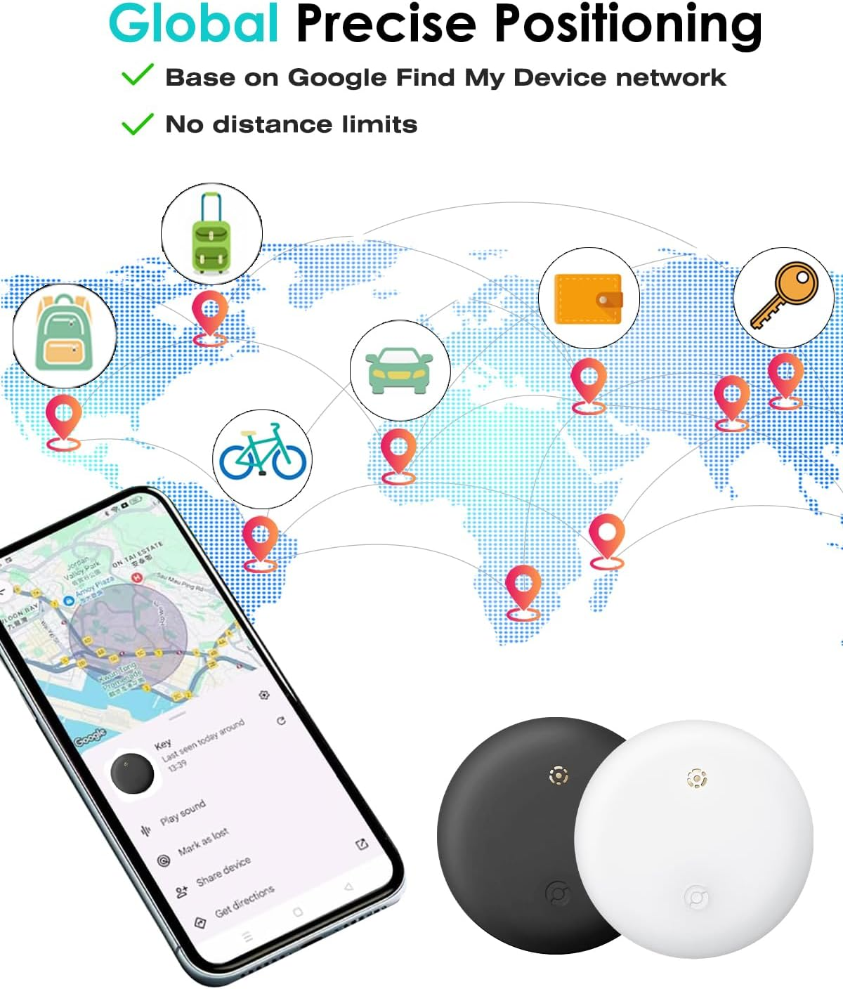 [2 Pack Android Tracking Tag] Bluetooth Tracker for Android Phones. Google Certified Item Locator, Smart Tag for Google Find My Device App. Finder for Keys, Luggage, Suitcase, Backpack-Black+White image number 5
