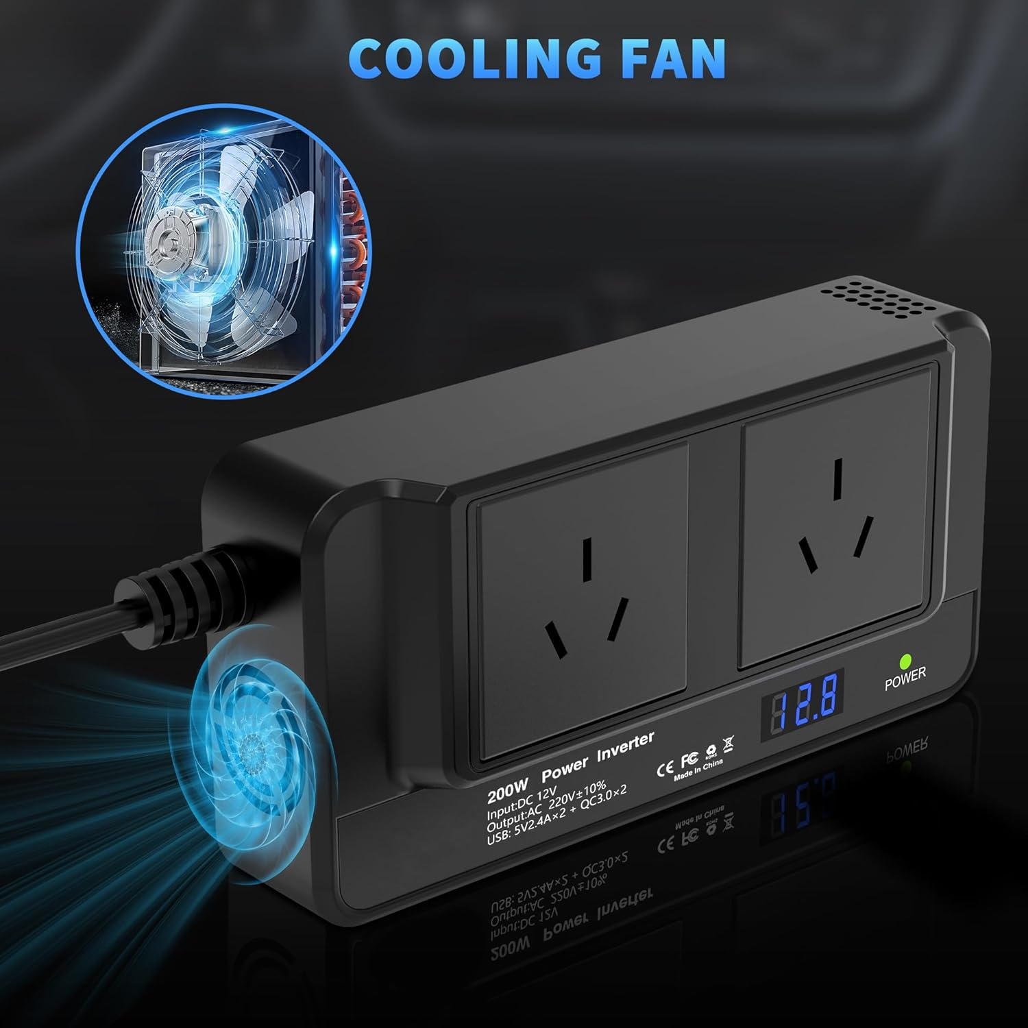 200W Car Power Inverter, DC 12V to 240V AC Converter with 2 AU Outlets & 4 USB Ports, Fast Charging Adapter with Switch and Current LED Screen for Car, SUV, Truck image number 3