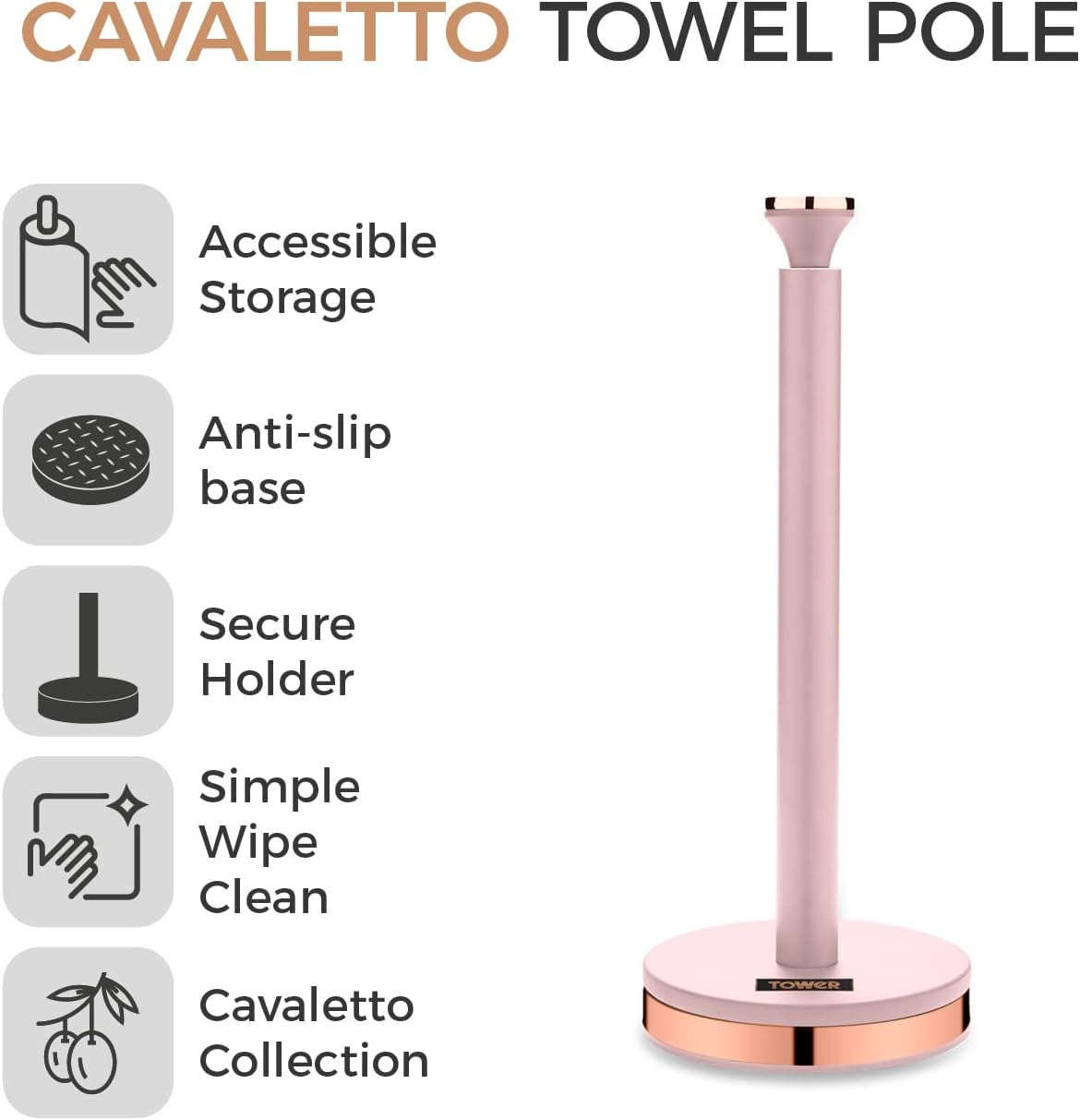 Tower T826133PNK Cavaletto Towel Pole Kitchen Roll Holder with Soft Underliner, Marshmallow Pink and Rose Gold - Midnight Blue image number 3