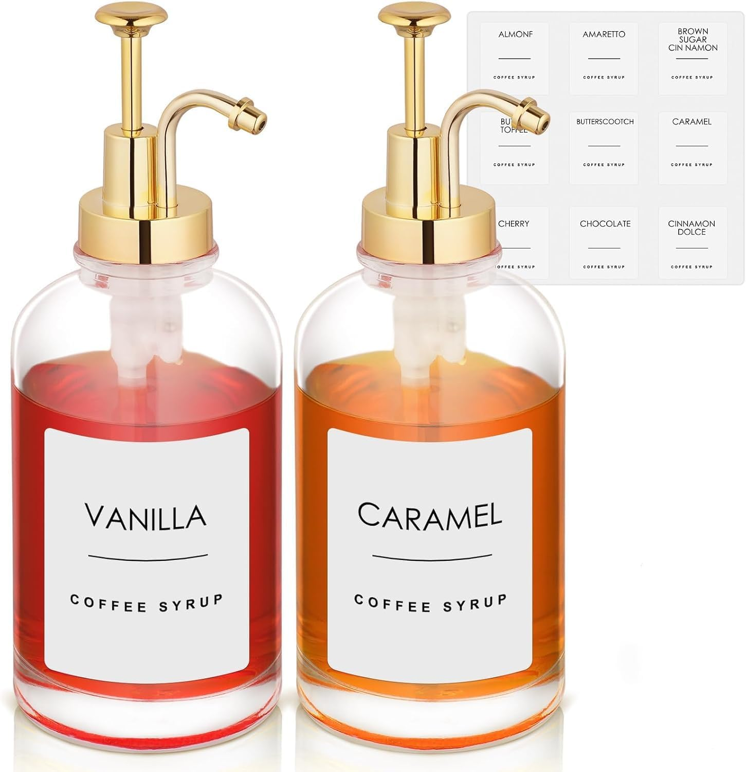 2Pack Coffee Syrup Dispenser, 500Ml Pump Dispenser for Coffees Home Bar, Glass Syrup Bottle Gold Pump, Coffee Pump Dispenser Included Funnels and Labels image number 2