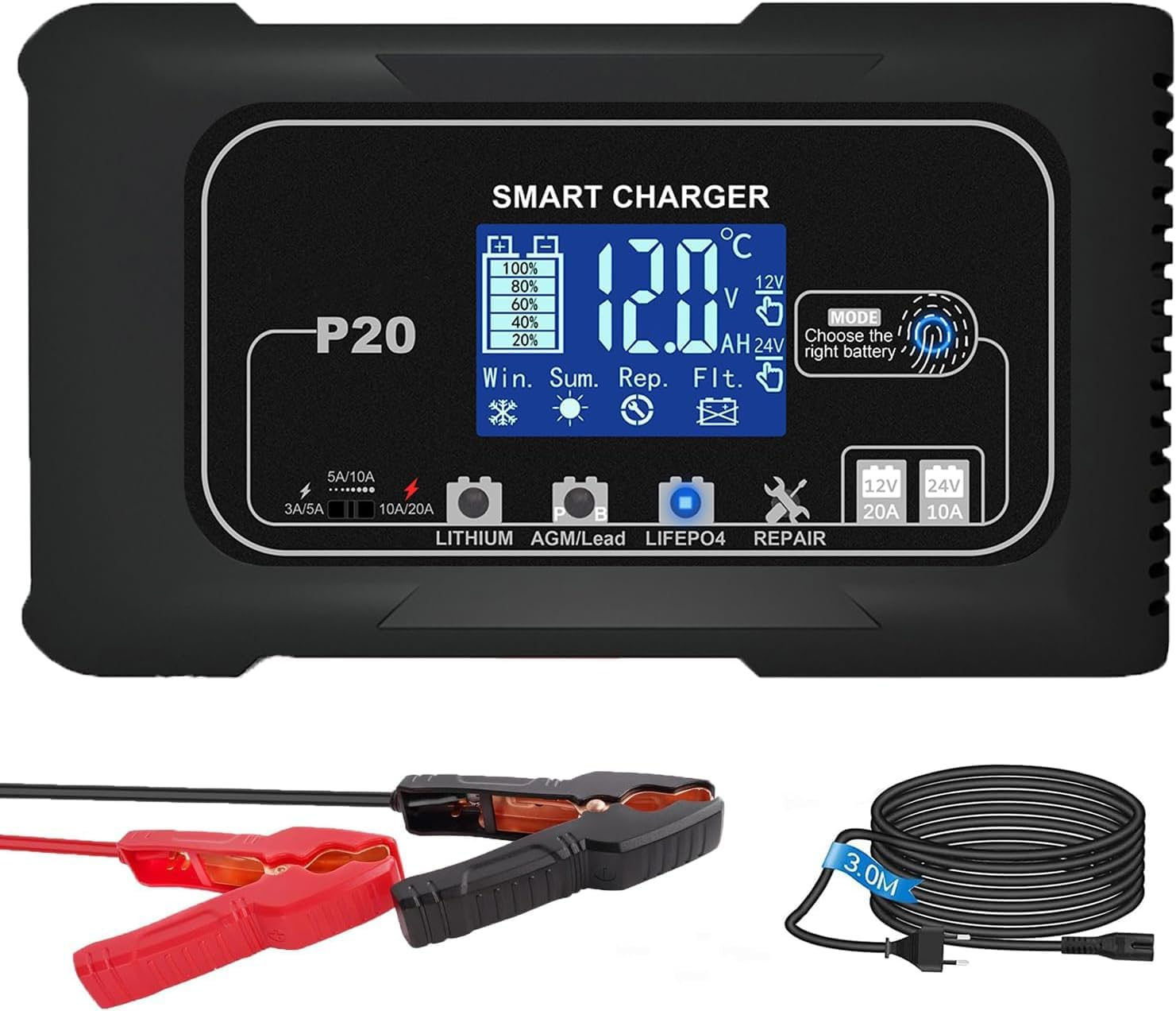 20-Amp Smart Battery Charger for Lithium Lifepo4 & Lead-Acid (Agm/Gel/Sla) Batteries &ndash; 12V/20A & 24V/10A Trickle Charger Maintainer for Car, Boat, Motorcycle, Lawn Mower, and Golf Cart image number 5