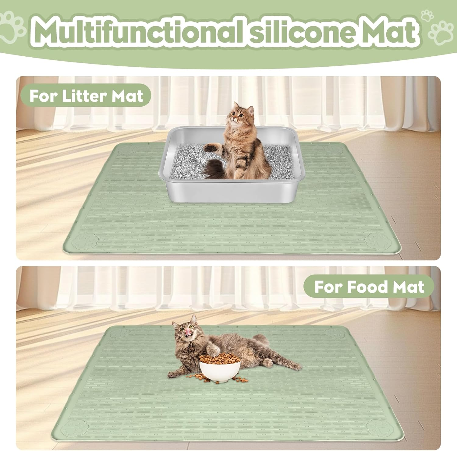 Cat Litter Mat, Extra Large 86.4 X 56CM Silicone Mat Litter Trapping Mat for Scatter Control, Soft on Kitty Paws, Easy to Clean (Light Green) image number 5