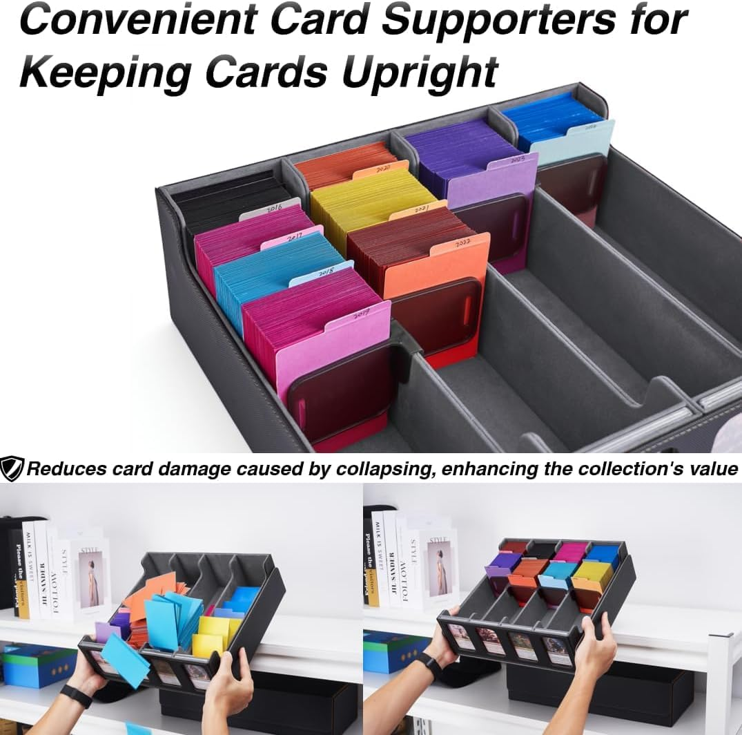 Cyperever Card Deck Box Trading Card Storage Box, Playing Card Case with 4 Display Windows, Magnetic Storage Boxes with 3000+ Trading Cards Storage, 48 Colorful Dividers, 4 Supporters & Strap Black image number 4