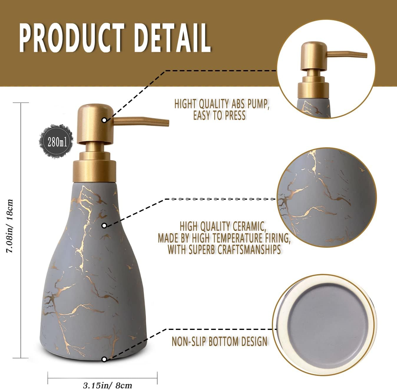 Grey Ceramic Soap Dispenser for Bathroom & Kitchen with Marble Pattern Liquid Hand Dispenser Pump Bottle (Grey)