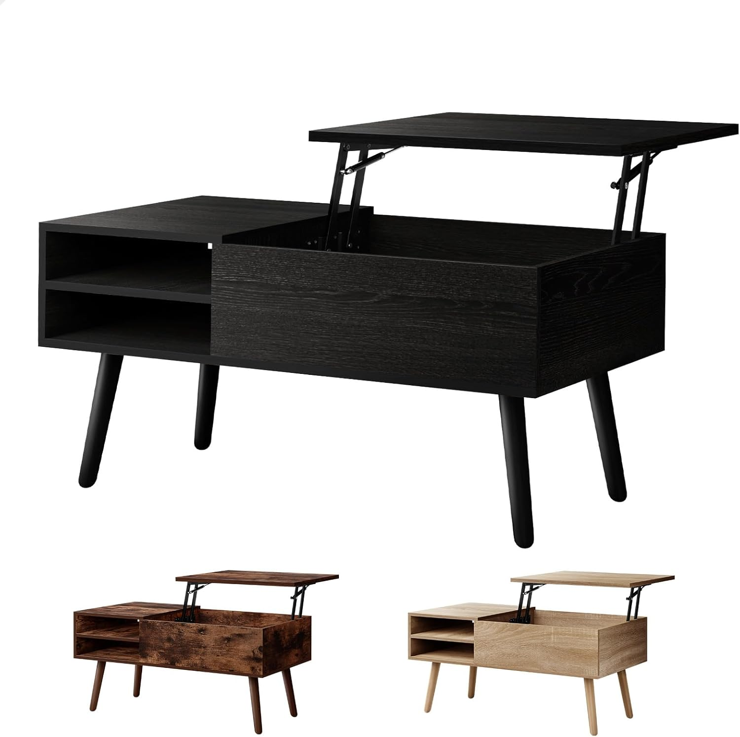 ALFORDSON Lift Top Coffee Table with Hidden Compartment and Side Open Shelves, Rising Tabletop Dining Table for Living Room Office Reception, Convertible Center Table, Wood