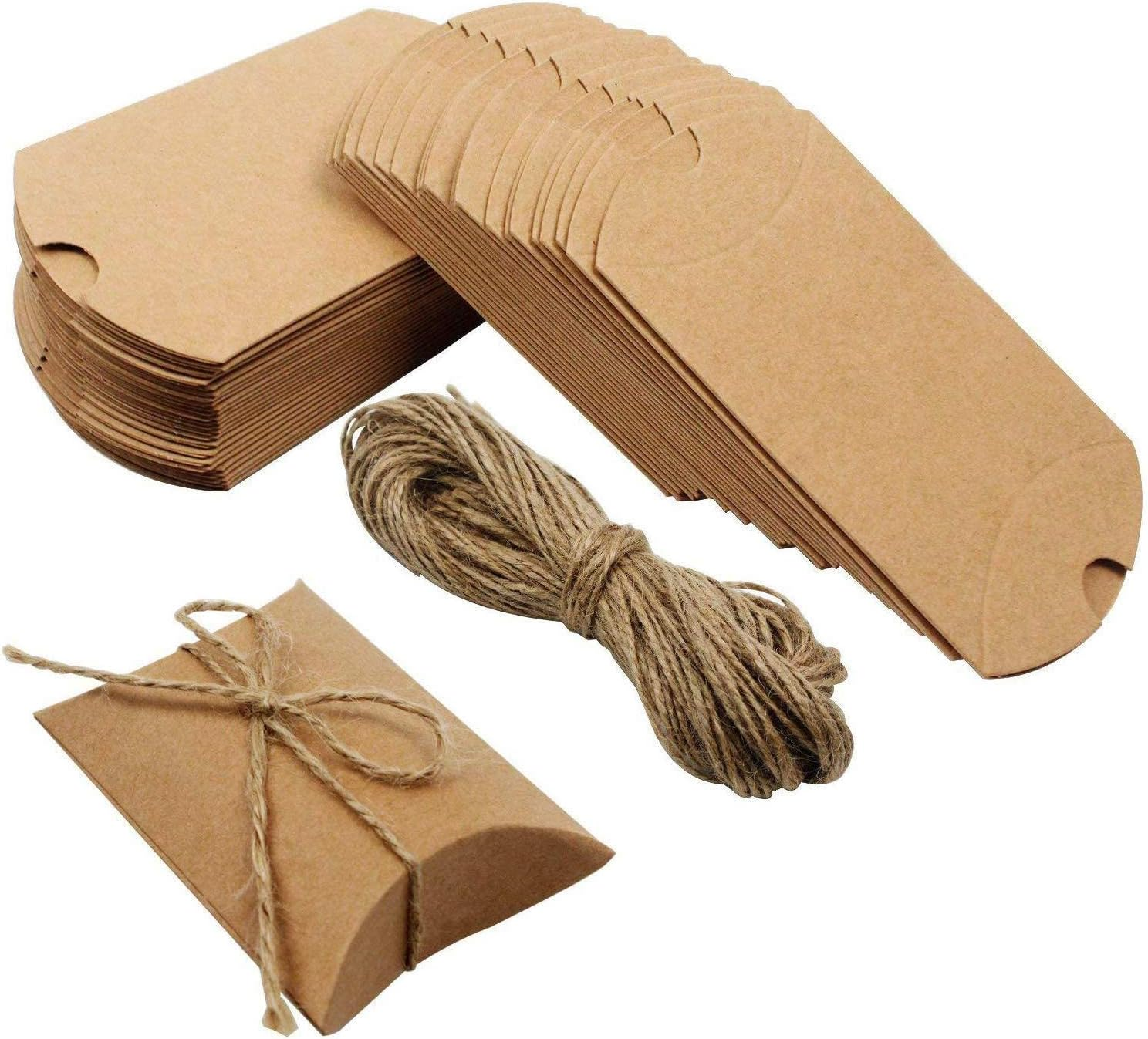 WODJR 100Pcs Pillow Boxes Kraft Pillow Boxes Small Gift Boxes Wedding Gift Boxes Brown Paper Pillow Candy Box Mini Party Favor Boxes Treat Boxes for Wedding Birthday Gifts Packaging, 100Pcs Jute Twine image number 2