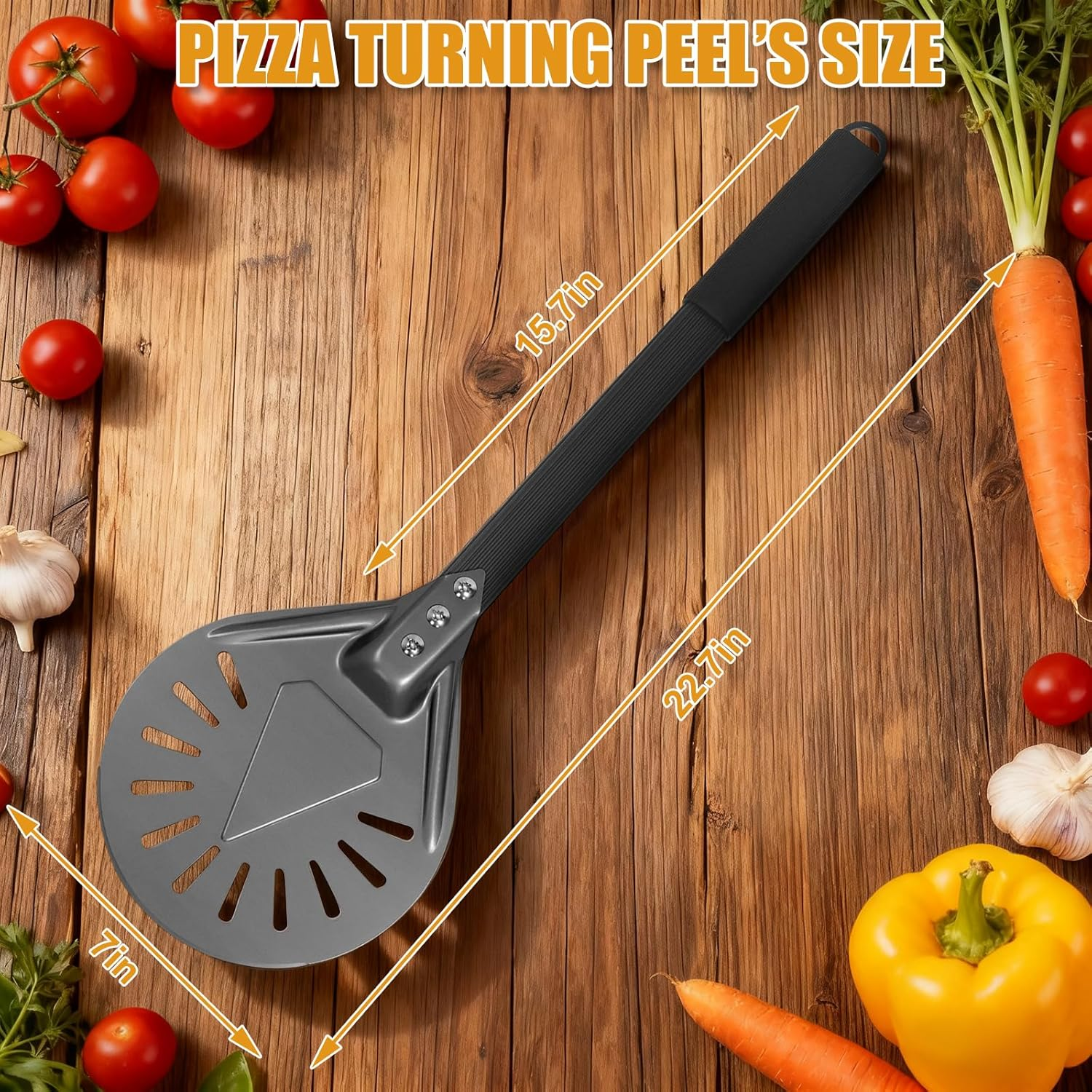 7 Inch round Anodized Aluminum Perforated Pizza Peel Turner with Metal Handle Pizza Paddle Spinner for Outdoor Pizza Oven Accessories (7 Inch)