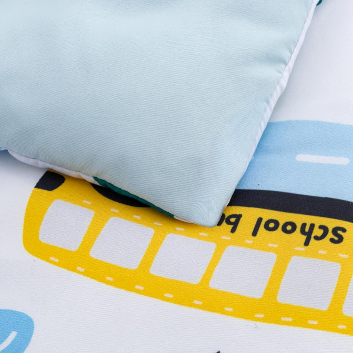 NTBED 4 Pieces Construction Toddler Bedding Set for Baby Boys, Truck Vehicles Excavator Cars Printed, Includes Comforter, Flat Sheet, Fitted Sheet and Pillowcase,Light Blue - Brown image number 7