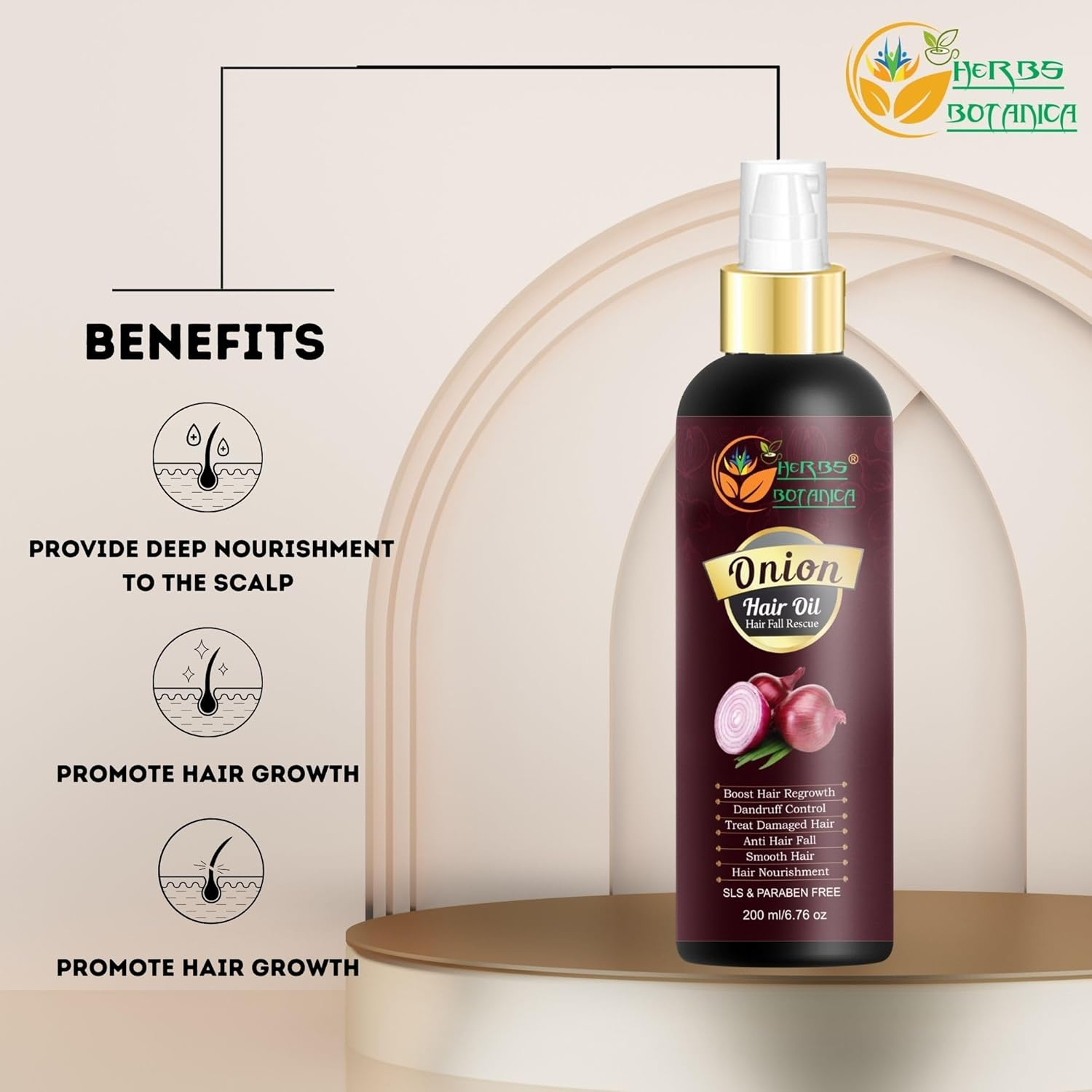 HERBS BOTANICA Red Onion Hair Oil with Black Seed Oil, Jojoba, Argan, Tea Tree, Sandalwood, Rose - Hair Growth Essentials and Hair Loss Control, 6.76 Fl Oz image number 4