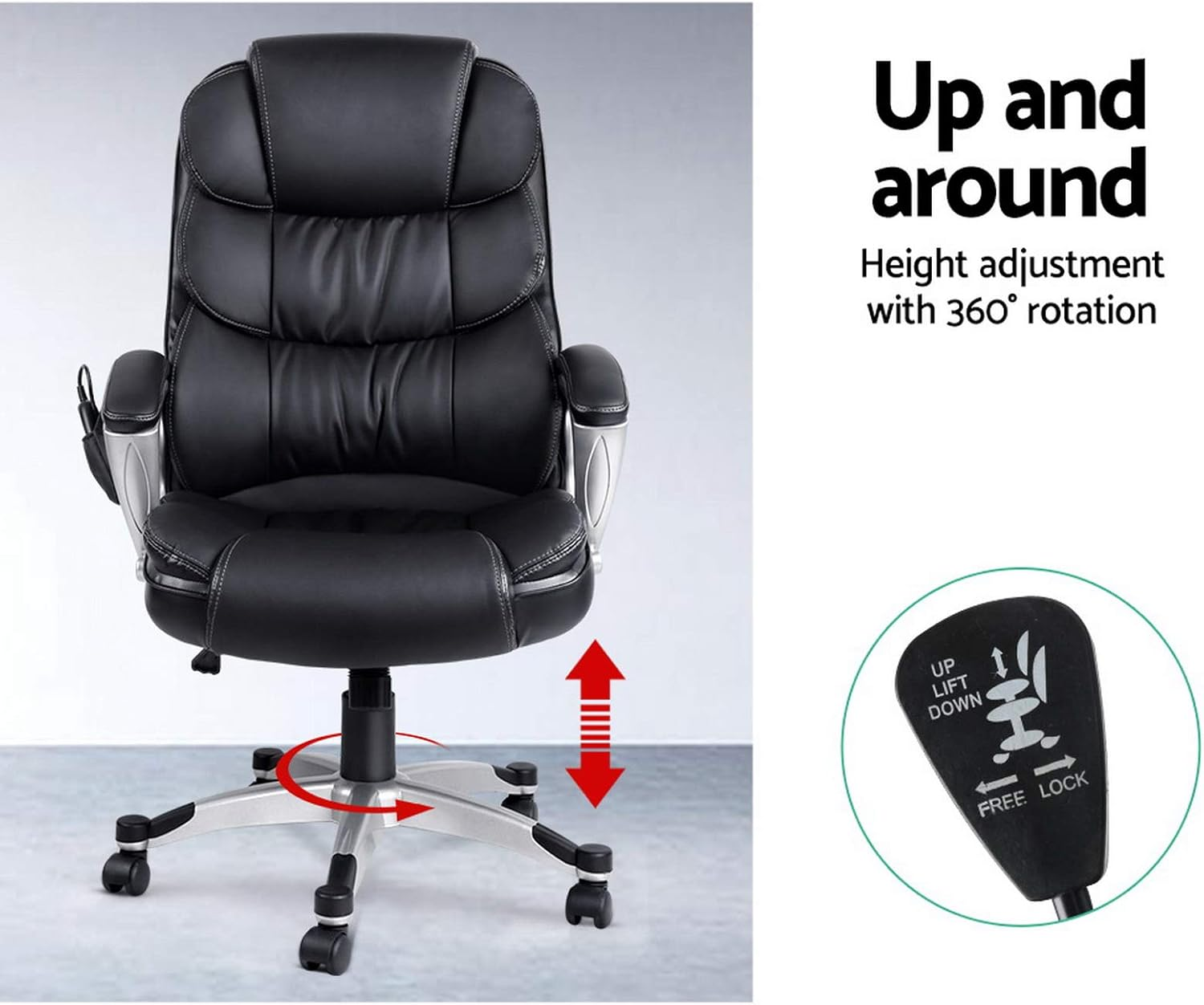 Artiss Massage Office Chair, PU Leather 8 Point Ergonomic Gaming Computer Desk Recliner Chairs Armchair for Room Executive Home, Adjustable Height 360&deg; Rotation Black