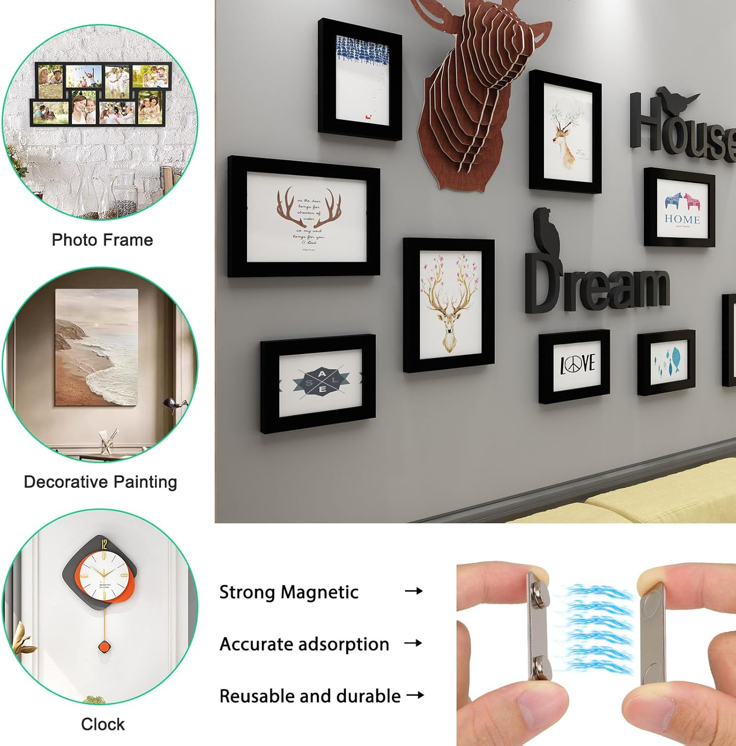 Ninyoon Magnetic Picture Hanger for Wall, Magnetic Picture Frame Poster Hanging System, Strong Wall Magnets Anti-Slip Design 1.7X0.5 Inch (6 Pack) image number 6