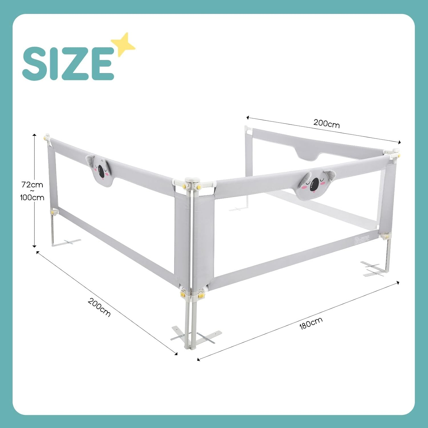 KIDBOT Bed Rail Side Toddler Bedrail Folding Safety Guard Baby Child Cot Fence Barrier Fall Protection 3Pcs 100Cm Height Adjustable Koala Design image number 6
