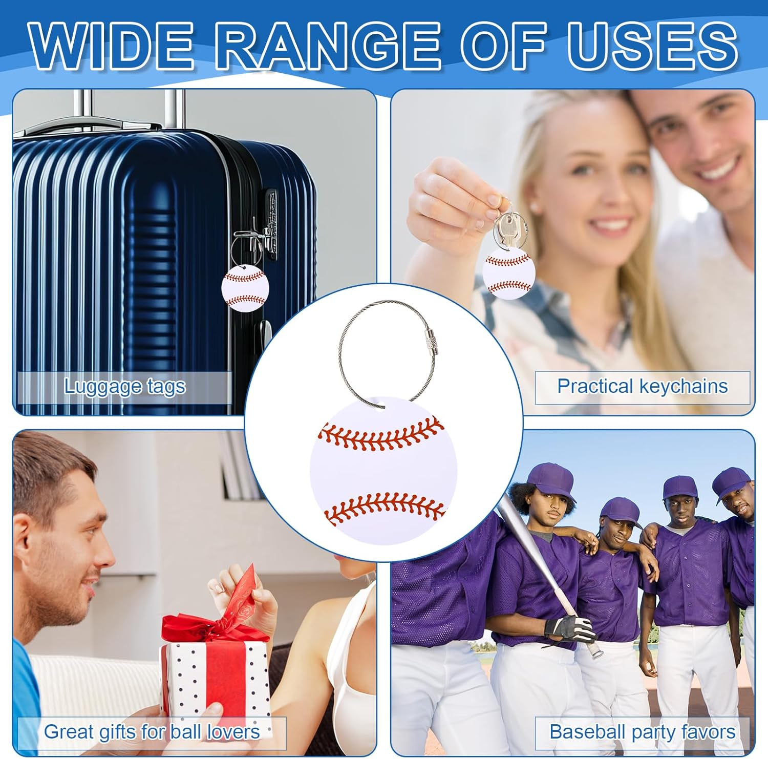 Lyreh 12Pcs Baseball Luggage Tags, 2.76In PVC Name ID Card with Metal Ring Baseball Keychain Personalize Travel Bag Labels for Women Men Suitcases Backpack Sport Team Favors image number 6