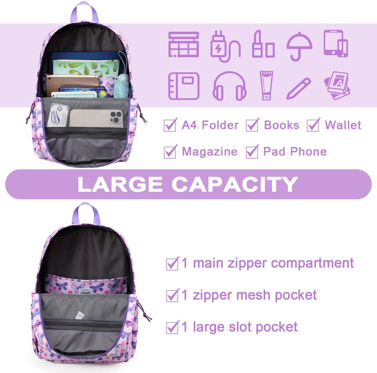 School Backpack for Boys Girls,Ravuo Lightweight Men Women Bookbag Casual Teens Schoolbagw Two Front Pockets for Study Travel