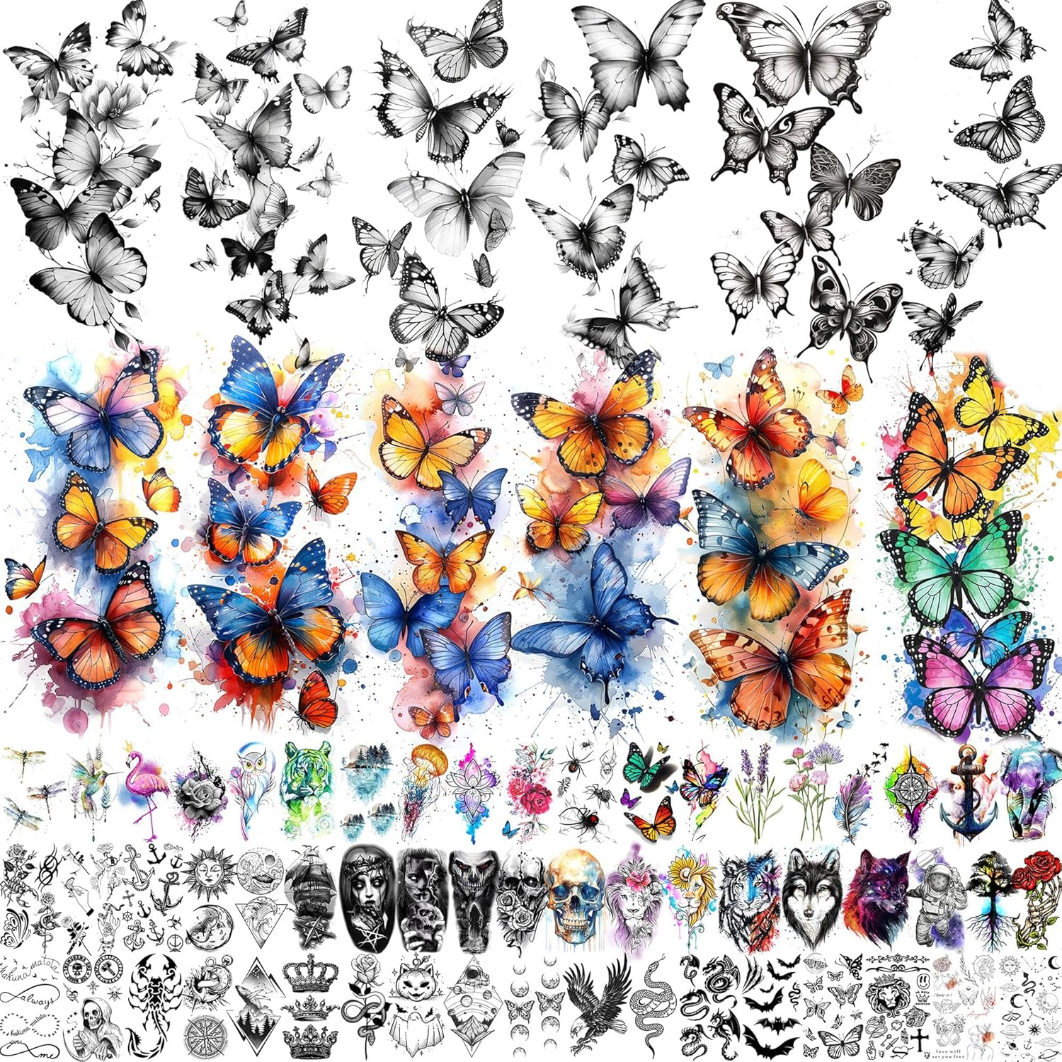 68 Sheets Realistic Butterfly Temporary Tattoos Women Girls Adhesive Tattoos Adults Colourful Half Sleeve 3D Black Butterfly Fake Tattoos for Sticking on the Skin Festival Accessories image number 5