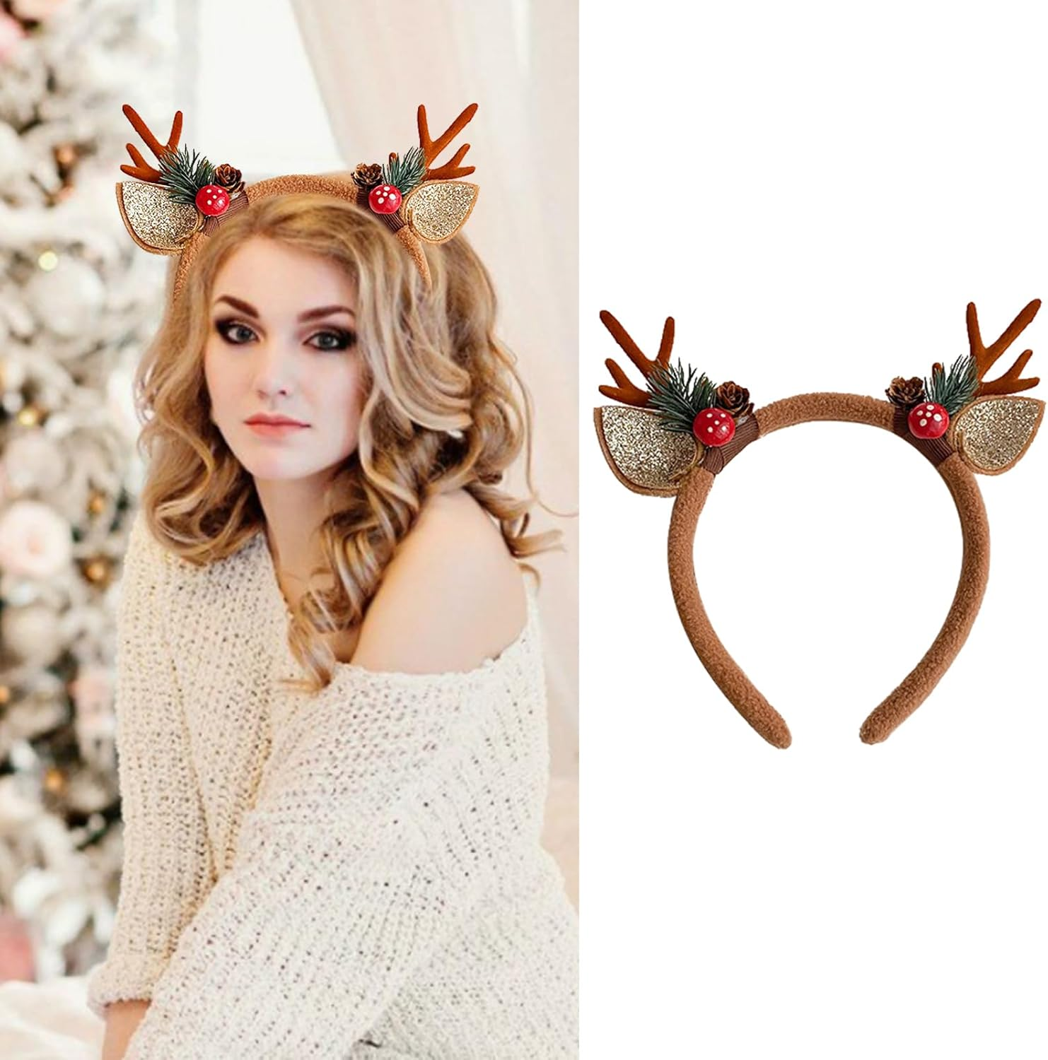 Deer Antler Headband Brown Reindeer Antlers with Mushroom Pine Branches - Christmas Hair Hoop, Deer Ears Animal Fluffy Headpiece Accessories for Christmas Halloween Makeup Party (1 Pcs) image number 5