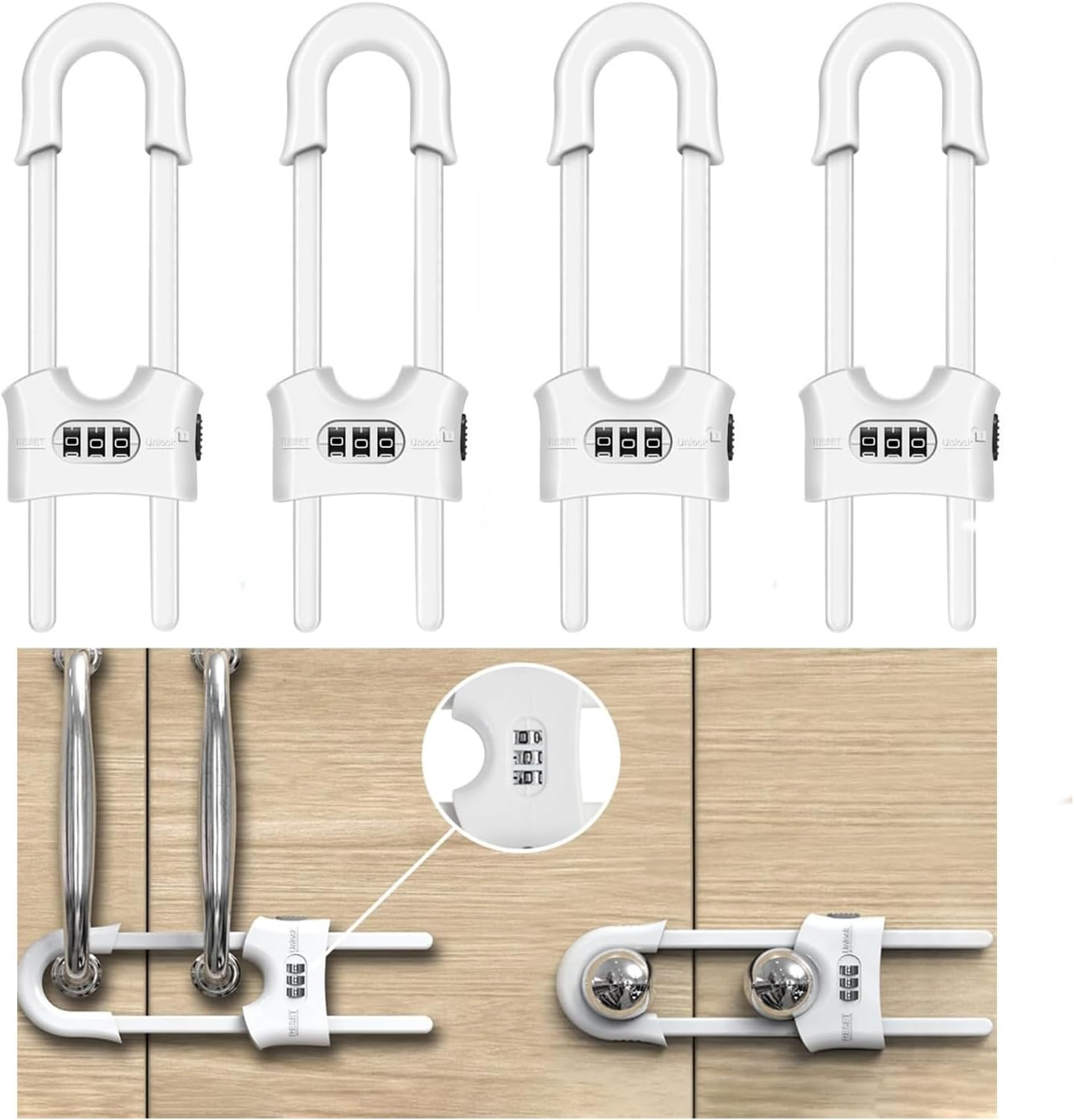 4 Packs Cabinet Locks,U-Shaped Sliding Child Safety Lock, Adjustable Baby Proofing Cabinets Lock,Childproof Latches for Knobs, Handles on Kitchen Doors and Home Drawers Closet image number 3