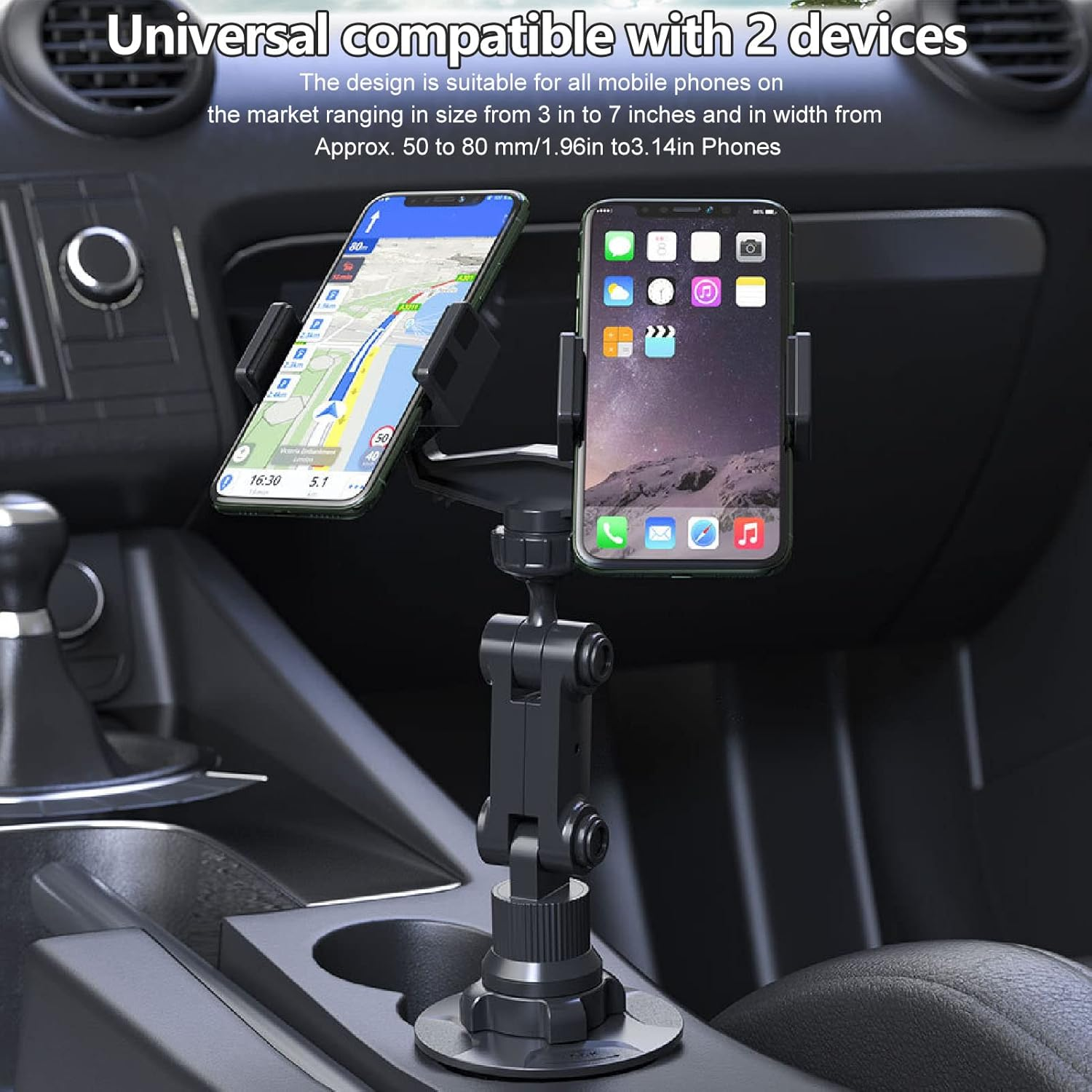 Car Cup Phone Holder 360 Degree Rotation Universal Adjustable Cup Holder Phone Mount with 2 Devices for Ios Phone for Galaxy, Sturdy and Construction, Easy Installation image number 2