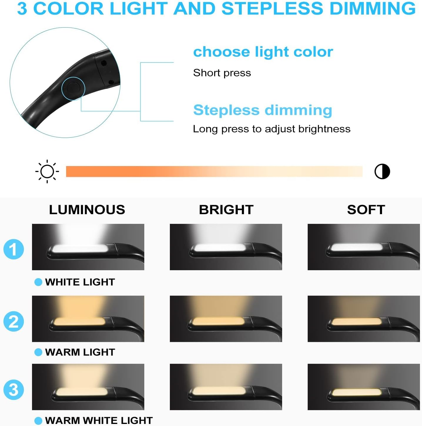 LED Neck Reading Light,Book Light in Bed,Adjustable Brightness Desk Lamp,3 Color with Bendable Arms,Suitable for Repairing,Night Running,Walking,Knitting,Camping (1PCS) image number 3