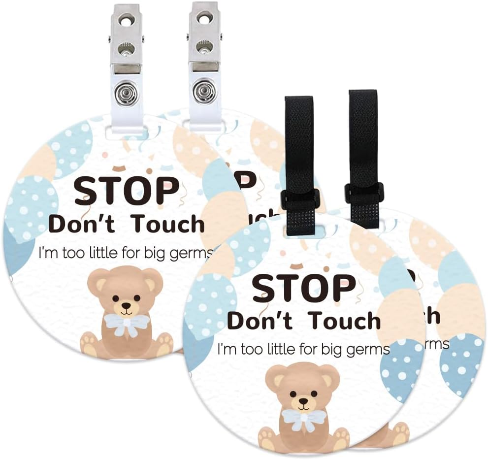 ORIGACH 4 Pack Balloon Bear Do Not Touch Baby Signs Baby Car Seat Tag with Hanging Strap and Clip for Newborn Girl Boy image number 1