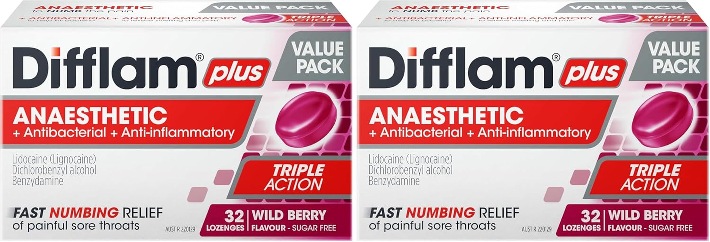 Difflam plus Anaesthetic Sore Throat Triple Action Lozenges, Berry (Pack of 64)