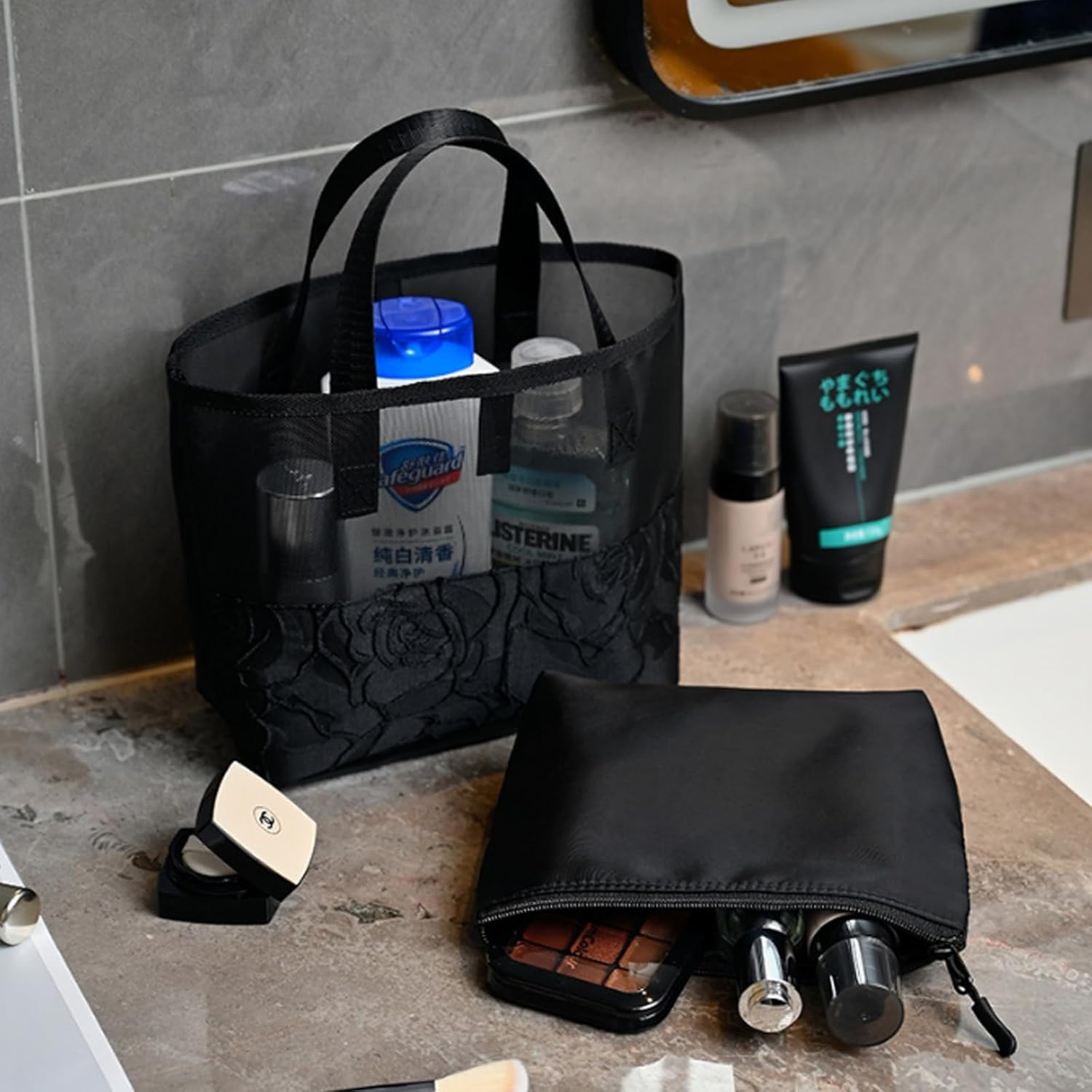 2 Pack Rose Pattern Mesh Makeup Bags, Thickened Transparent Toiletry Organizer Set, Portable Cosmetic Pouch for Women, Waterproof Travel Essentials Kit with Zipper Closure for Vacation & Travel image number 5