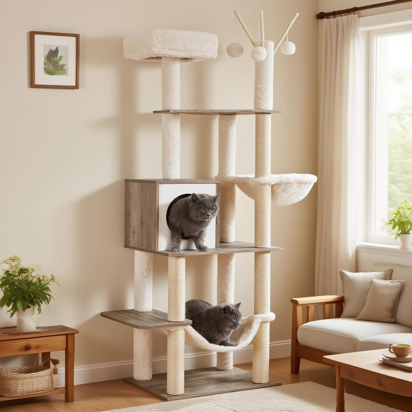Hey-Brother Wooden Cat Tree, 170 Cm Cat Furniture with Scratching Posts, Modern Cat Tower with Hammocks, Toys, Cat Condo, Rustic Brown MPJ120SR