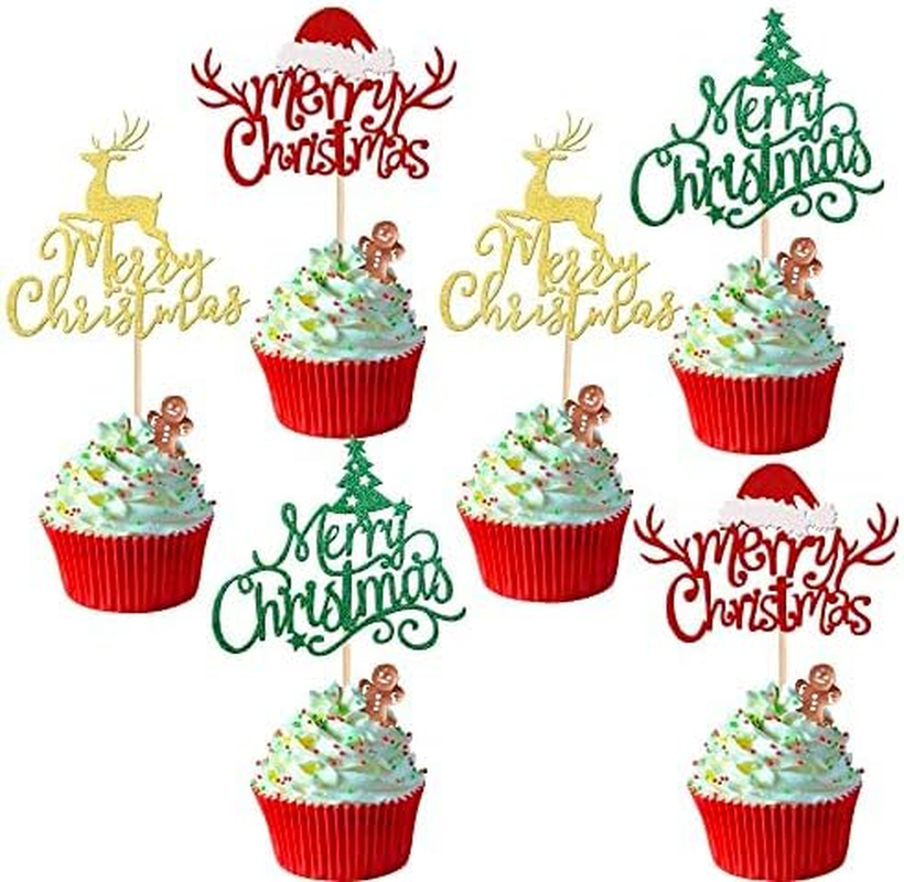 24 Pack Merry Christmas Cupcake Toppers Glitter Xmas Tree Santa Hat Deer Christmas Cupcake Picks Decoration for Winter Christmas Theme Xmas Holiday Birthday Party Supplies Red