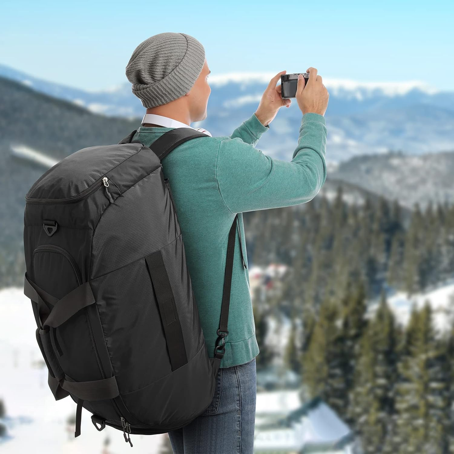 G4Free 70L Large 3-Way Duffle Backpack Gym Sports Duffel Bag Shoe Compartment, Black, 70 L, Compact - Green image number 3